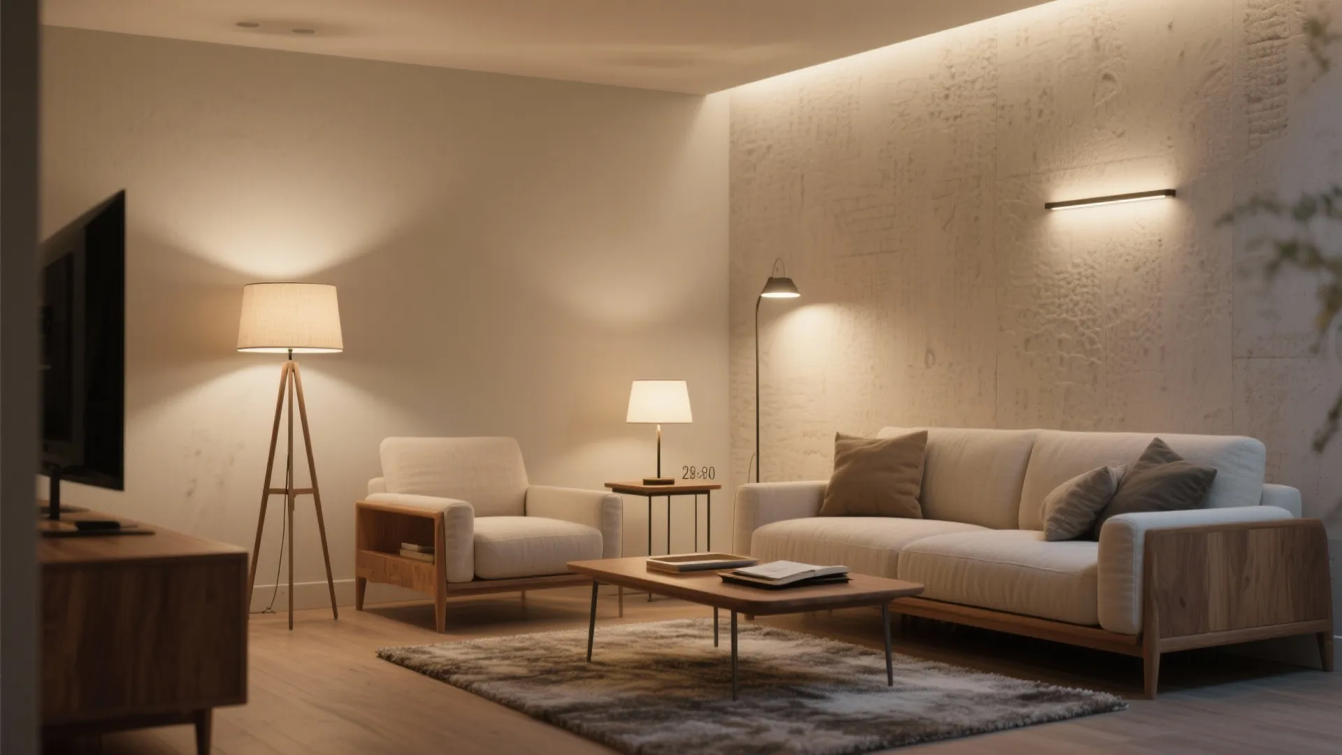 Modern living room with warm floor lamps wall light white sofa wooden table and grey rug