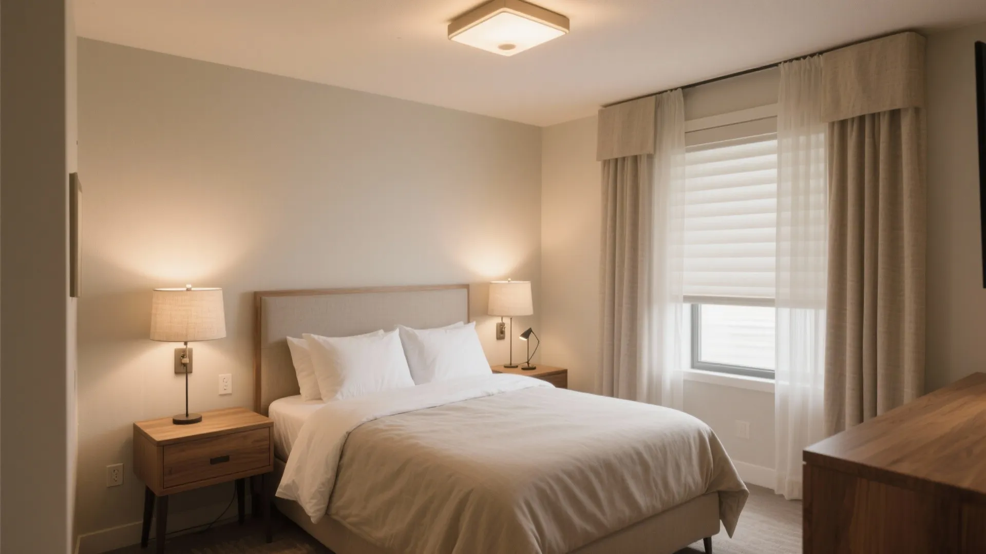 Layered Lighting + Neutral Palette for Restful Sleep