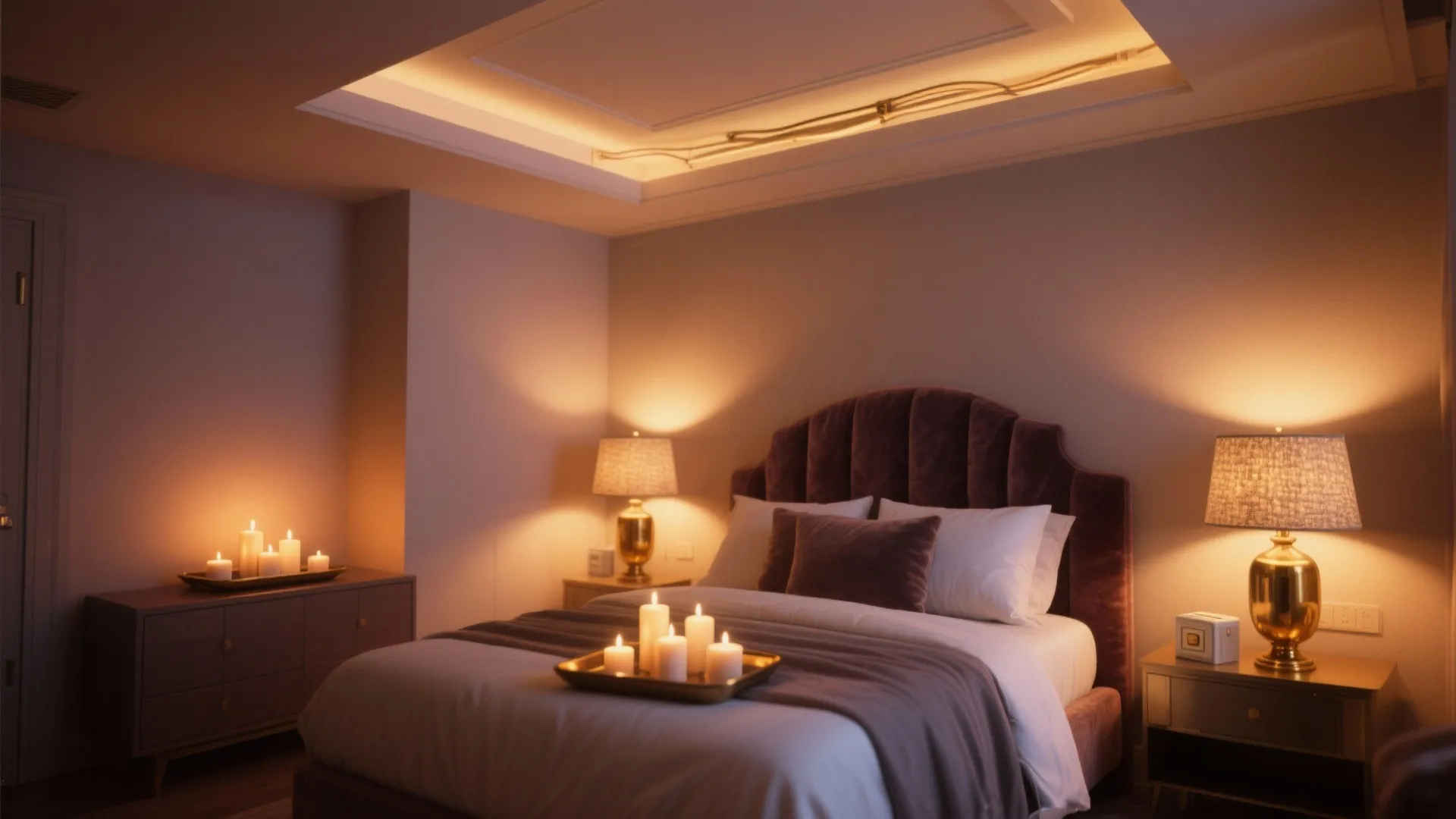 Warm bedroom with purple headboard table lamps lit candles on tray and cozy ambient ceiling light
