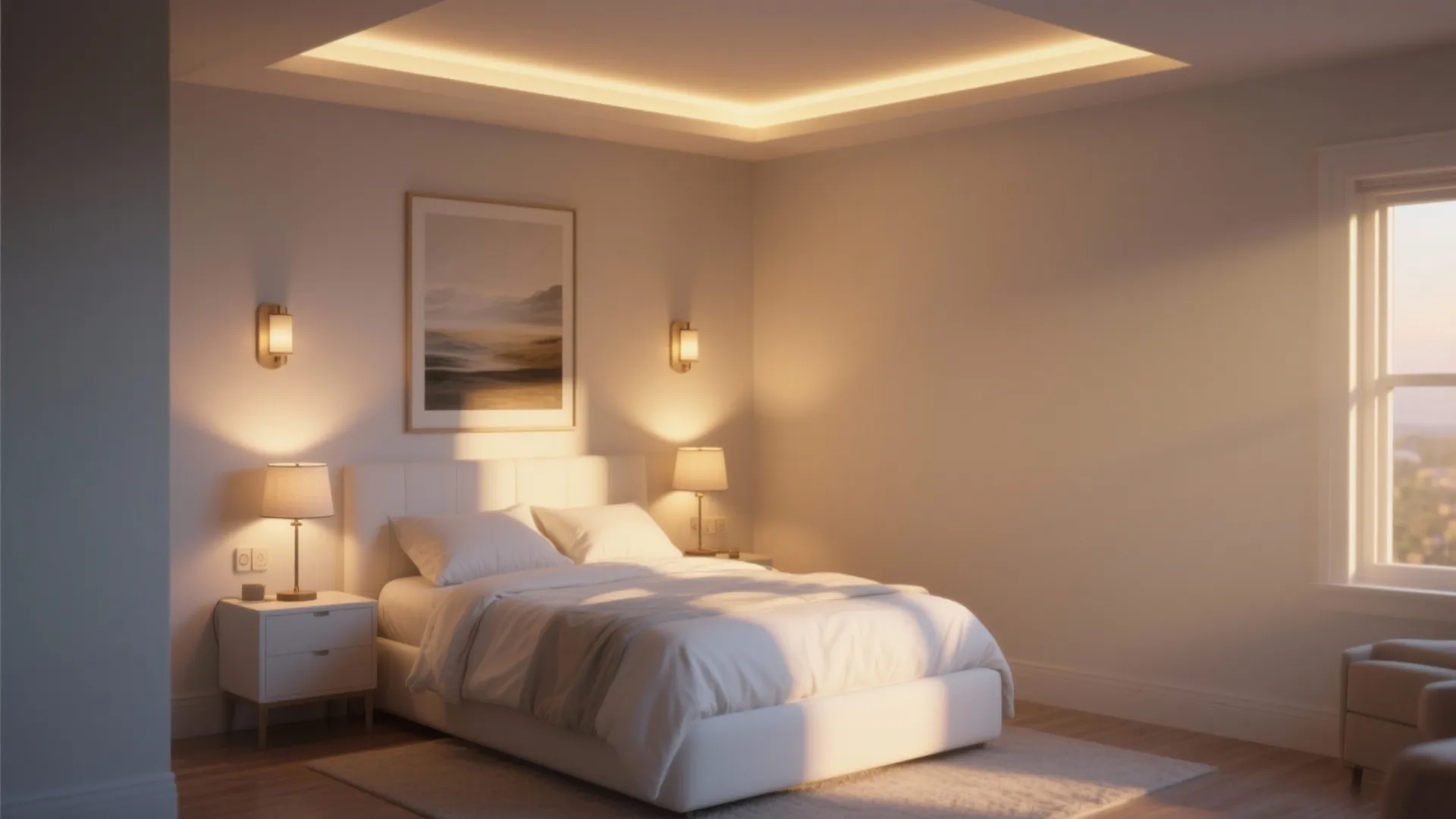 Cozy bedroom with white bed warm ceiling light wall lights bedside lamps and framed art