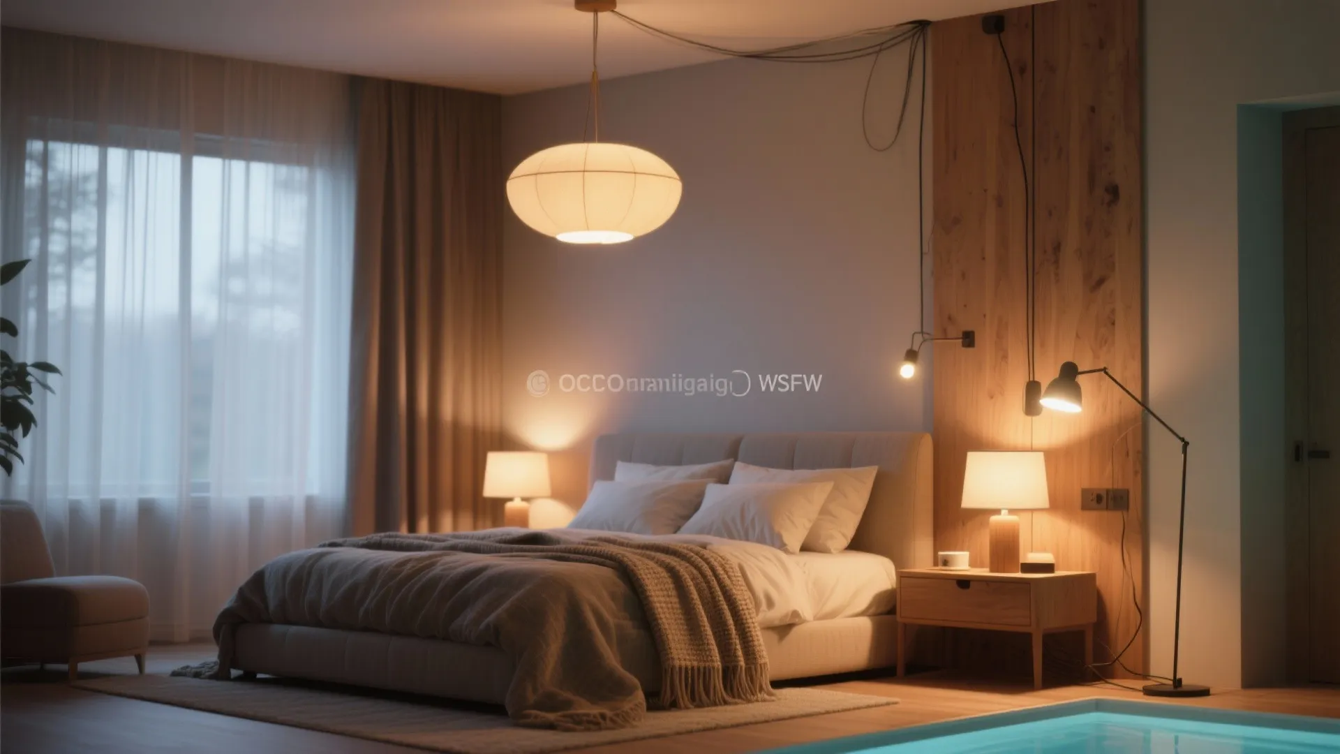 Warm cozy bedroom with large ceiling light floor light table light and soft brown curtains