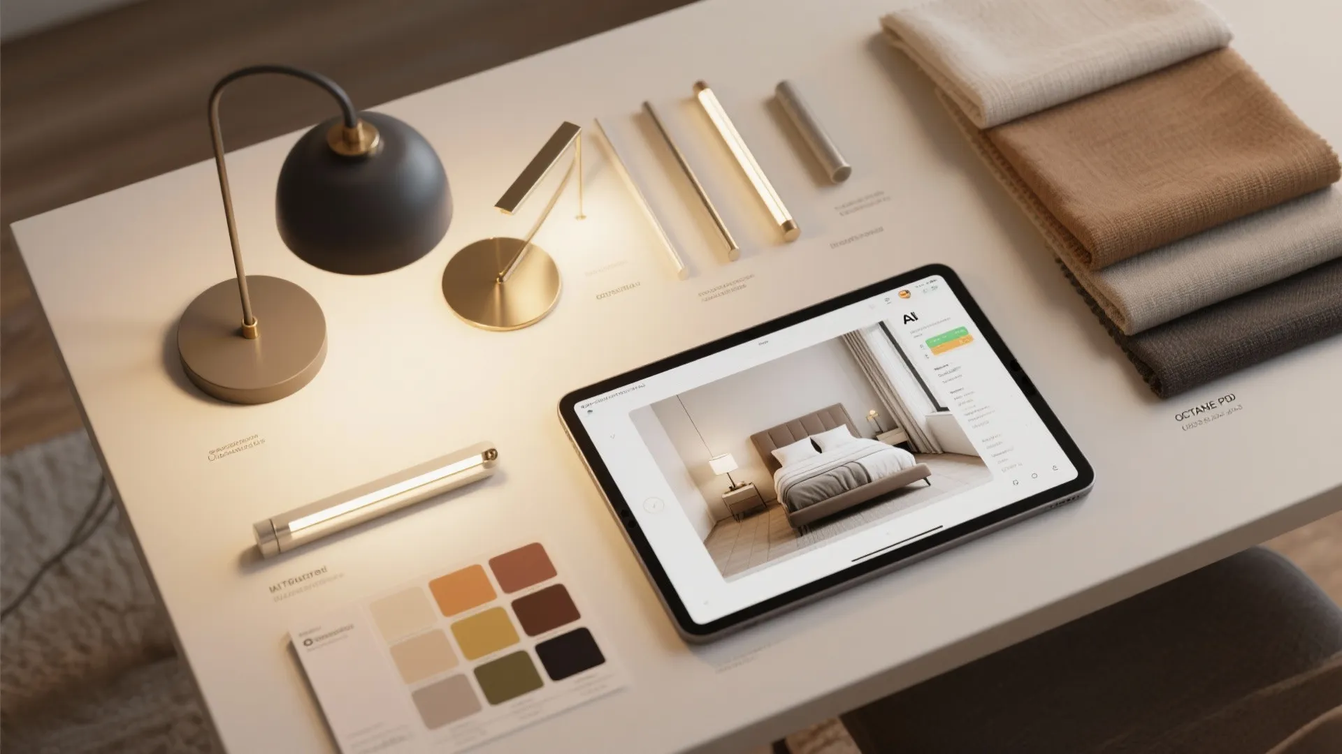 Tablet showing bedroom interior design drawing surrounded by table lights color swatches and fabric samples