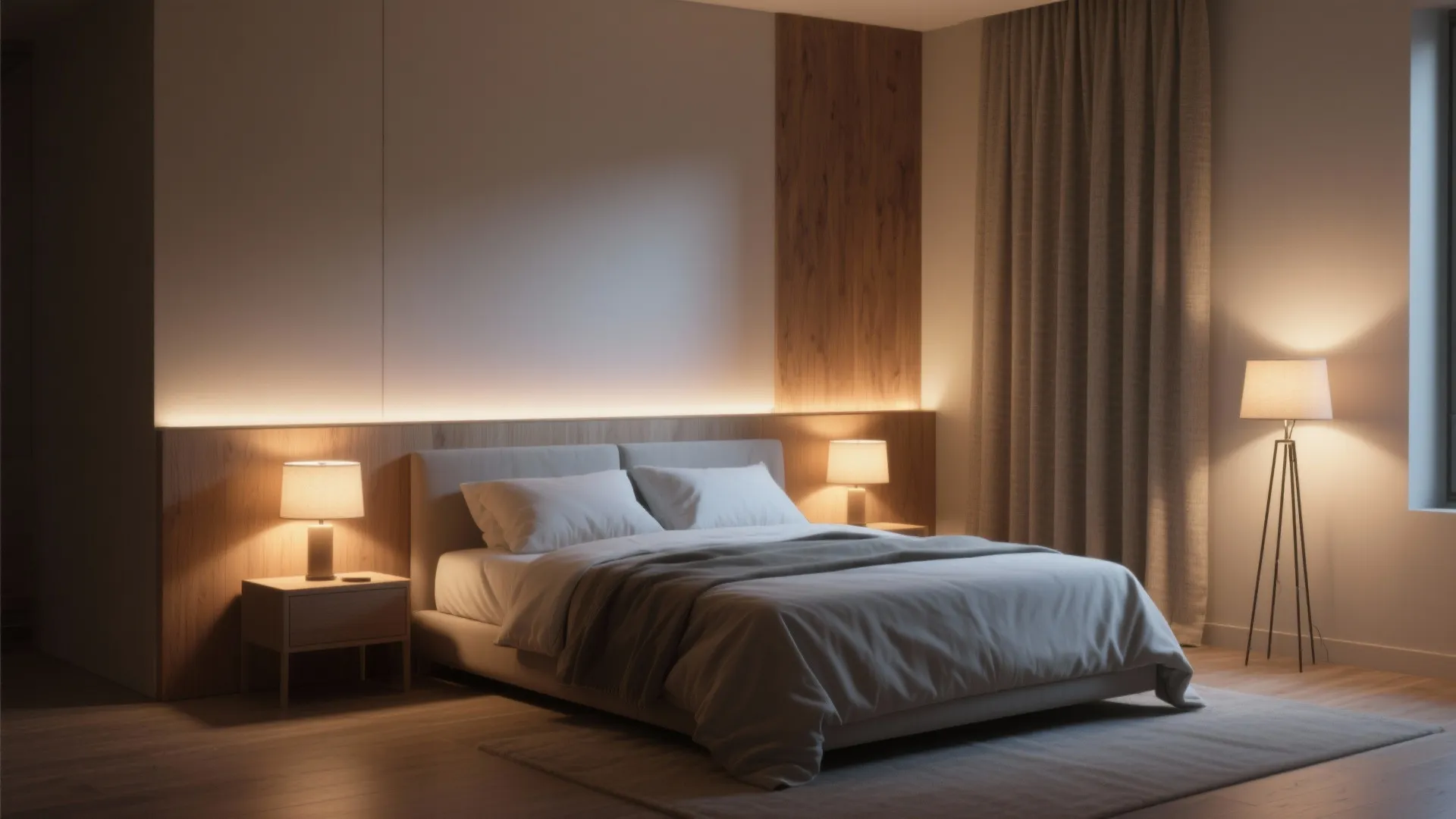 Modern bedroom featuring warm light from table lamps and floor lamp near a comfortable bed