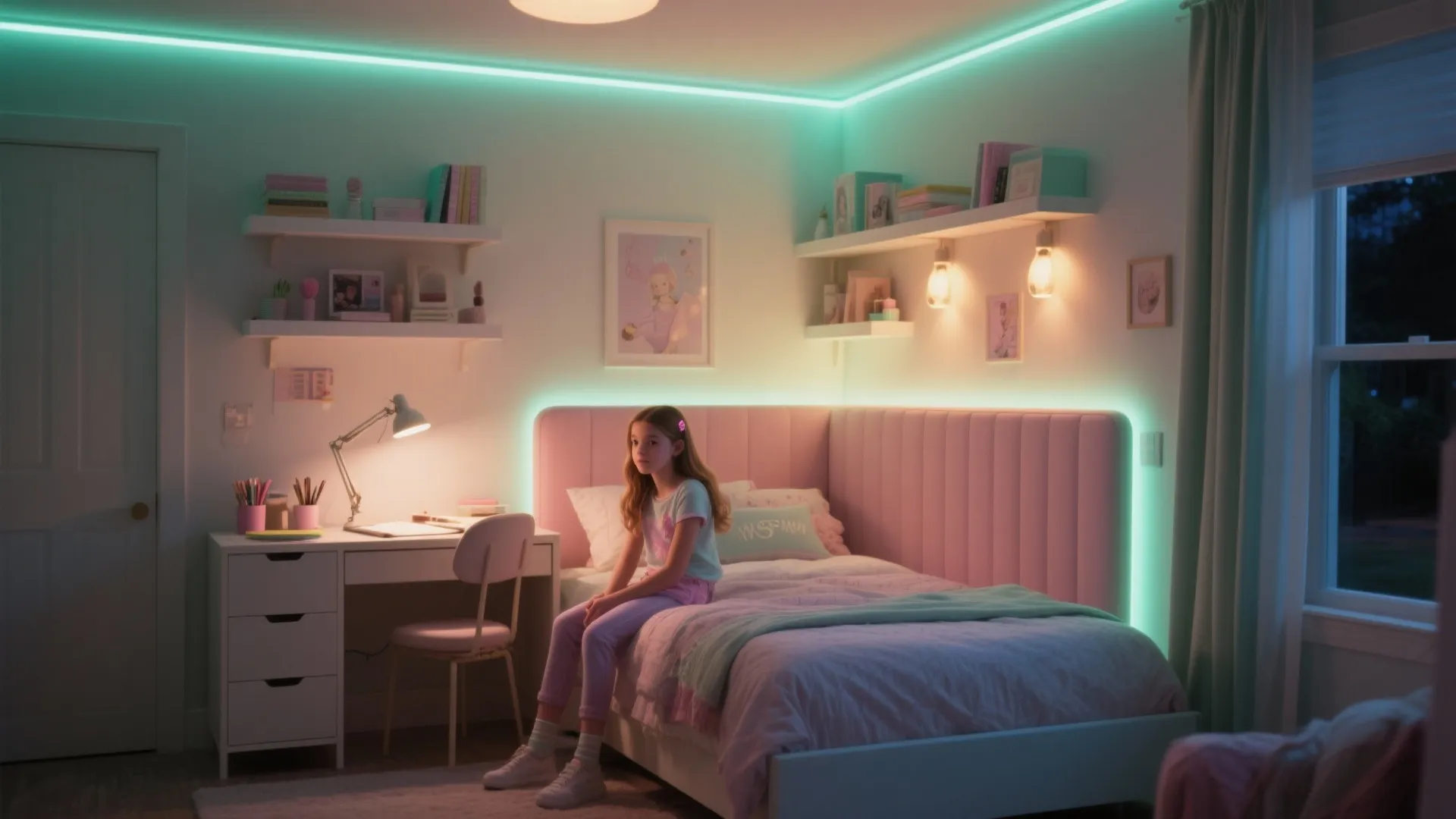 Teen bedroom showing ambient overhead, focused desk task lamp, and hidden LED cove accent in a warm-dim evening scene.