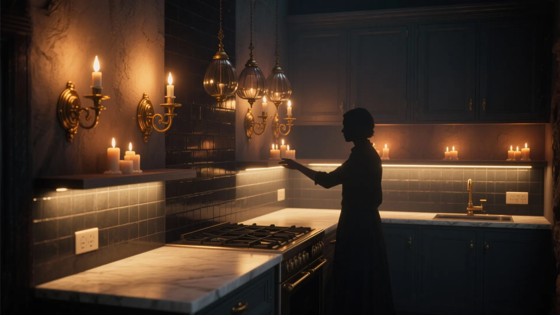 Silhouette of a person in a dark kitchen with marble counters candles and wall lights