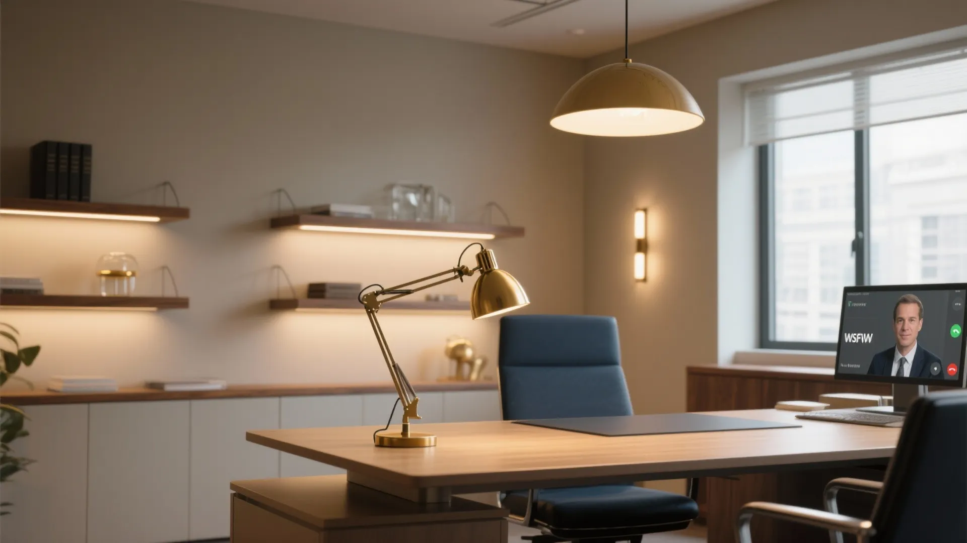 Modern home office with wooden desk gold desk lamp ceiling light shelves and computer screen view