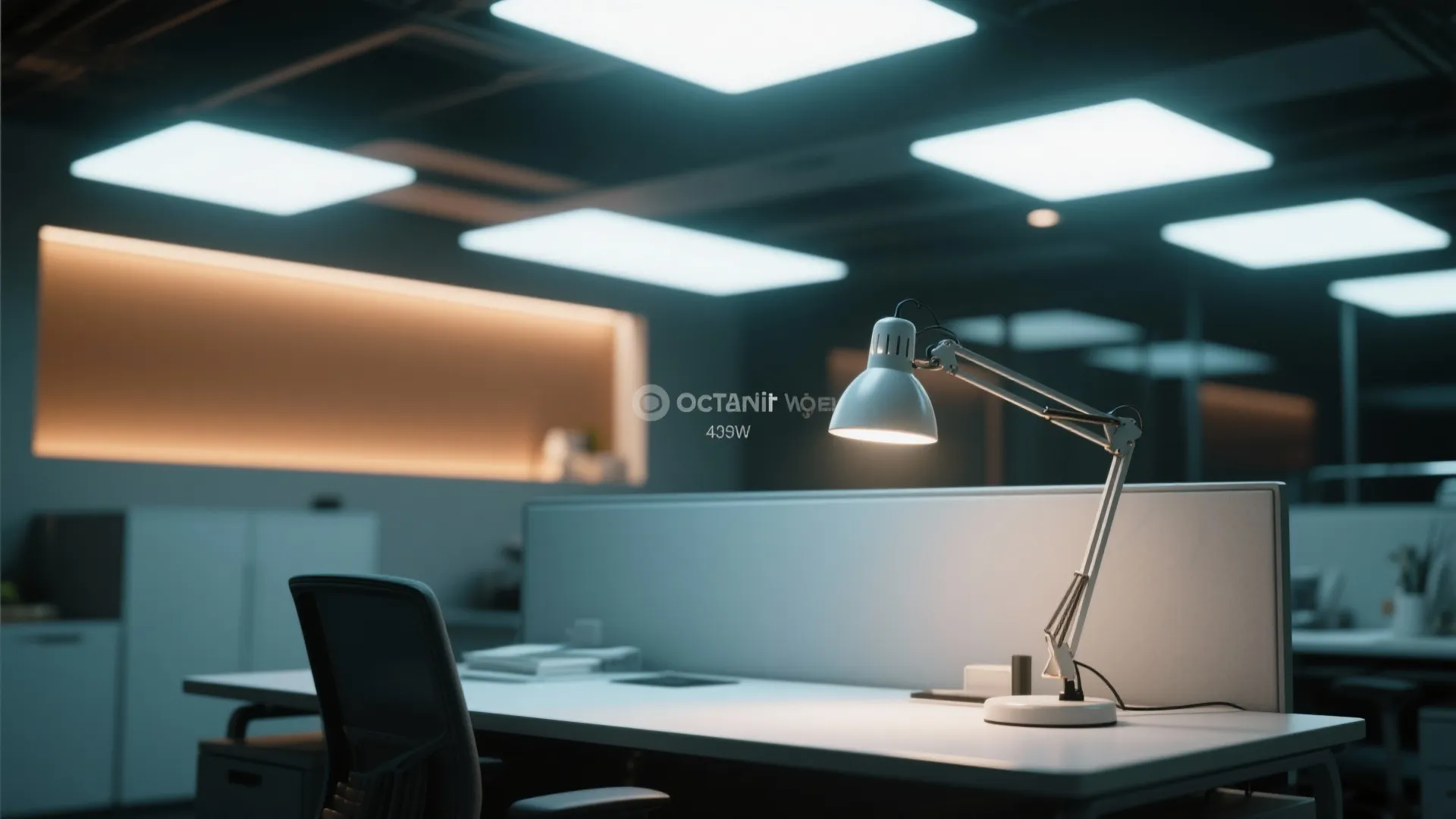 Professional office desk with white desk lamp and square ceiling light fixtures for productive work environment