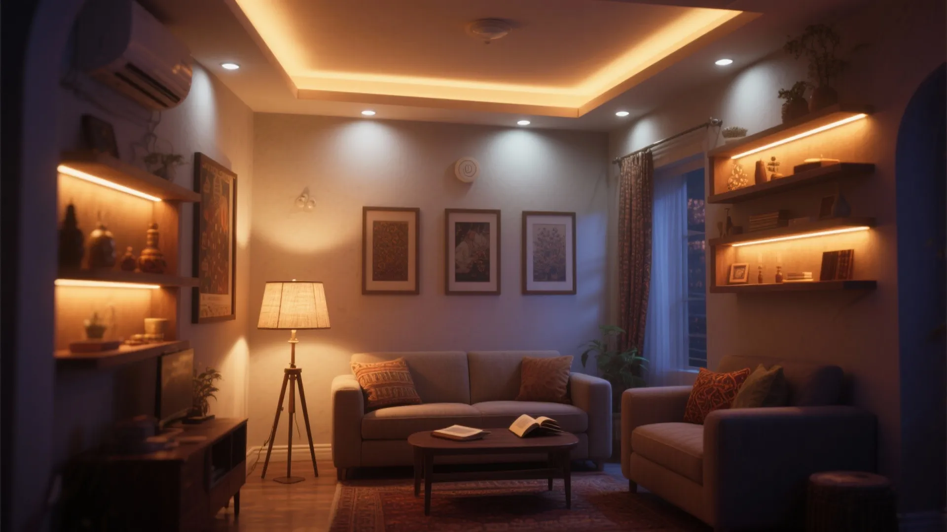 Warm living room with layered light from ceiling fixtures floor lamp and lighted wall shelves