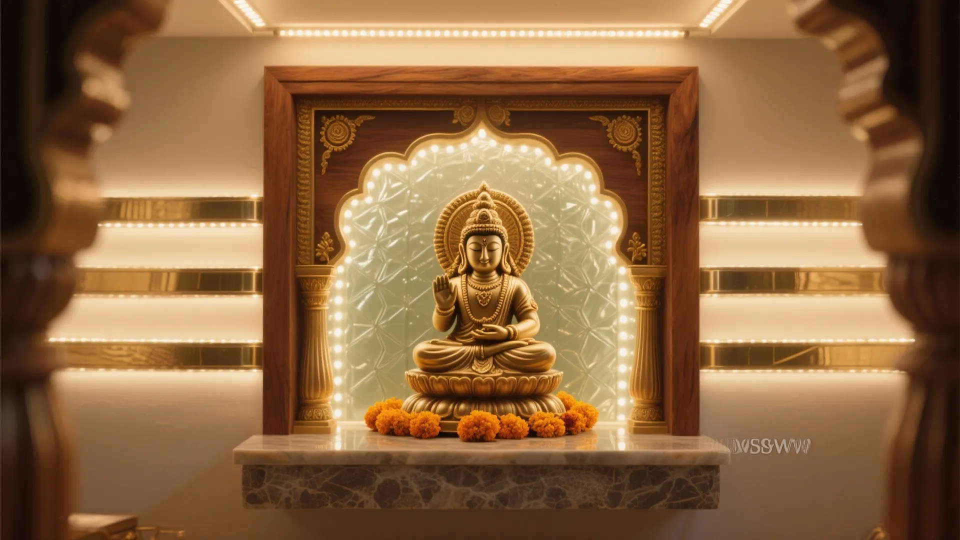 Pooja niche with ambient, task, and accent lighting and a fluted glass backdrop.