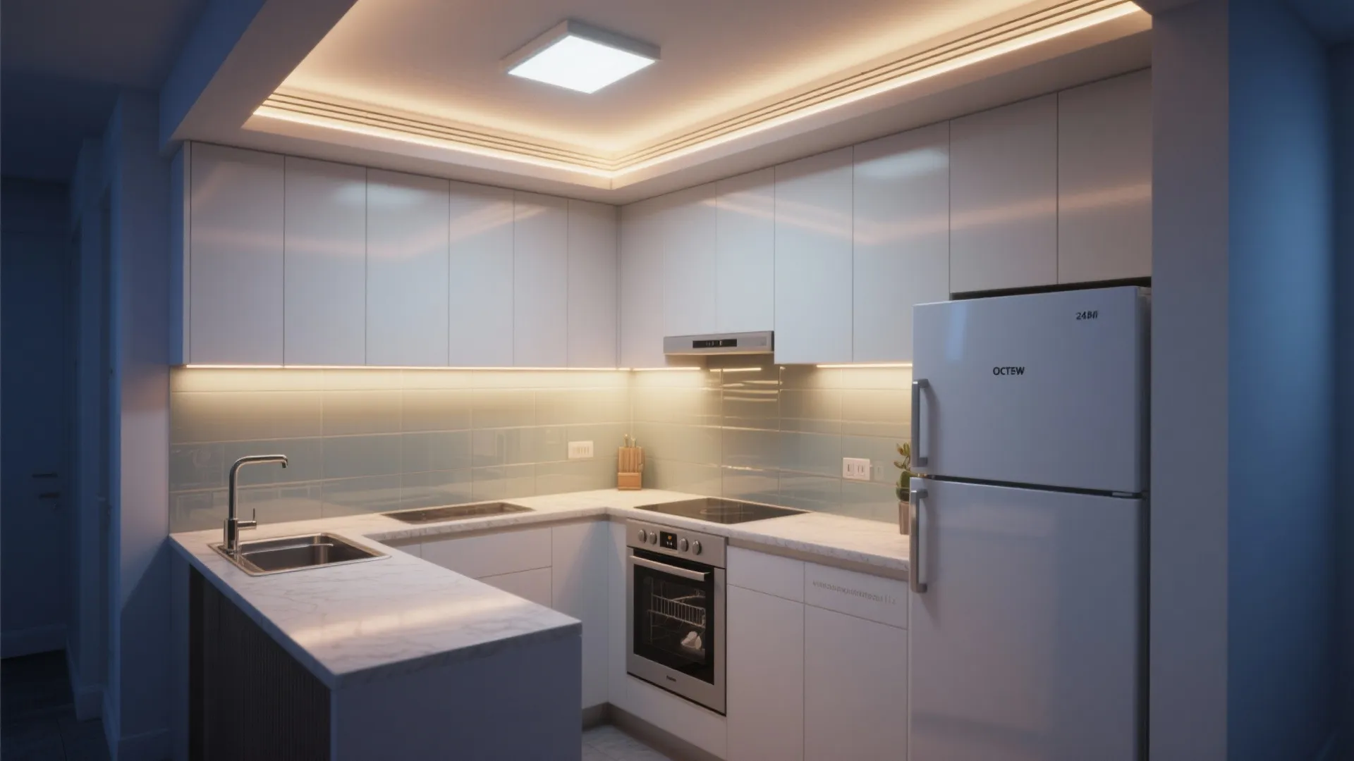 Small modern kitchen with white cabinets blue backsplash warm ceiling light fridge and a silver oven