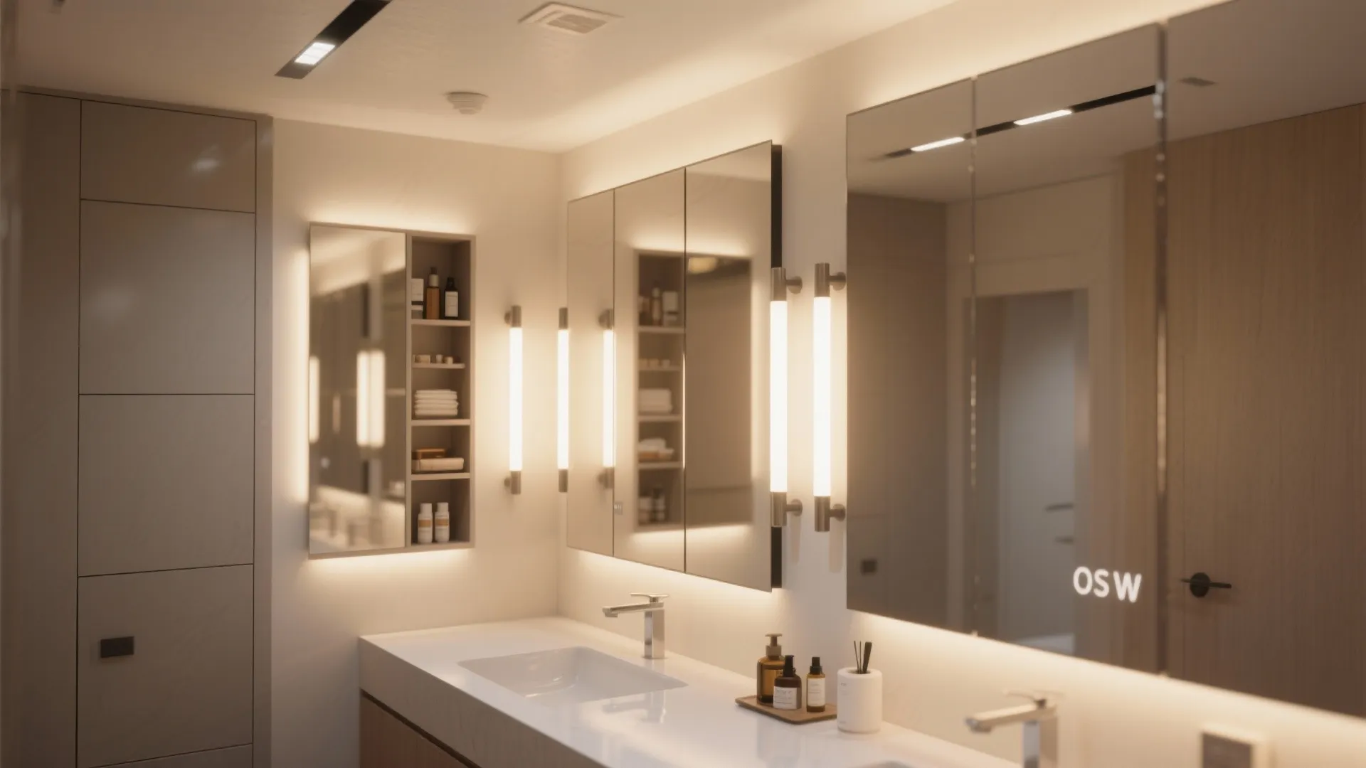 3. Layered lighting and mirrored storage