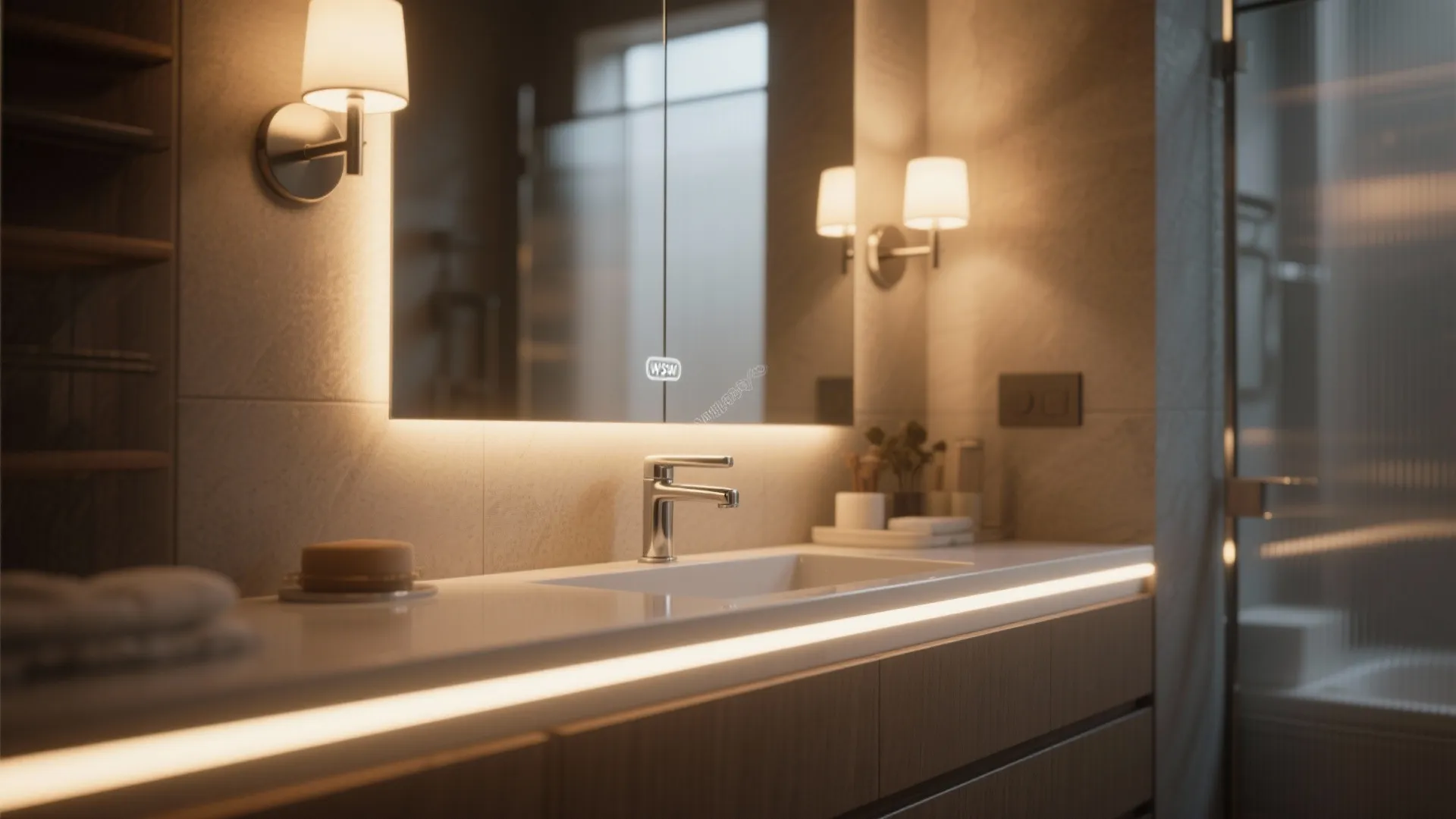 Warm bathroom vanity featuring backlit mirror wall lights white sink wooden cabinet and hidden lighting
