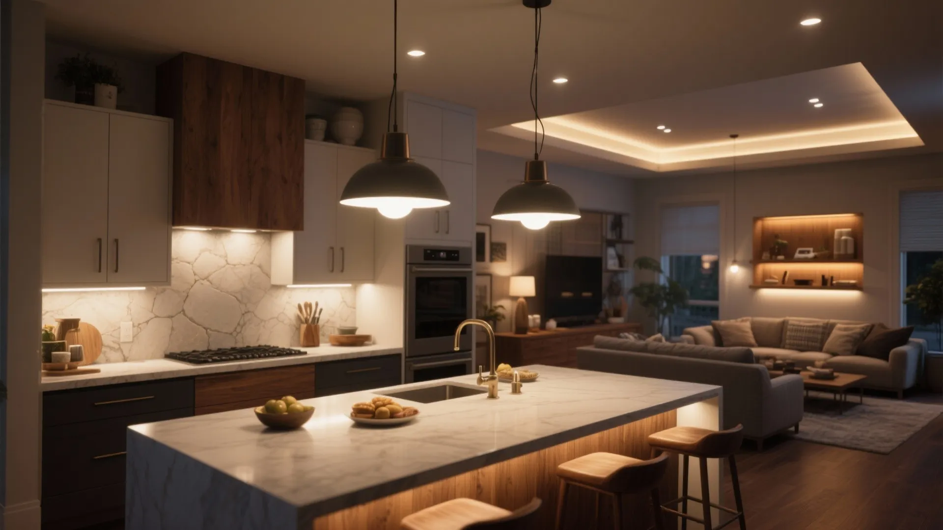 Warm kitchen island lighting with black ceiling lights marble counter and cozy living area background