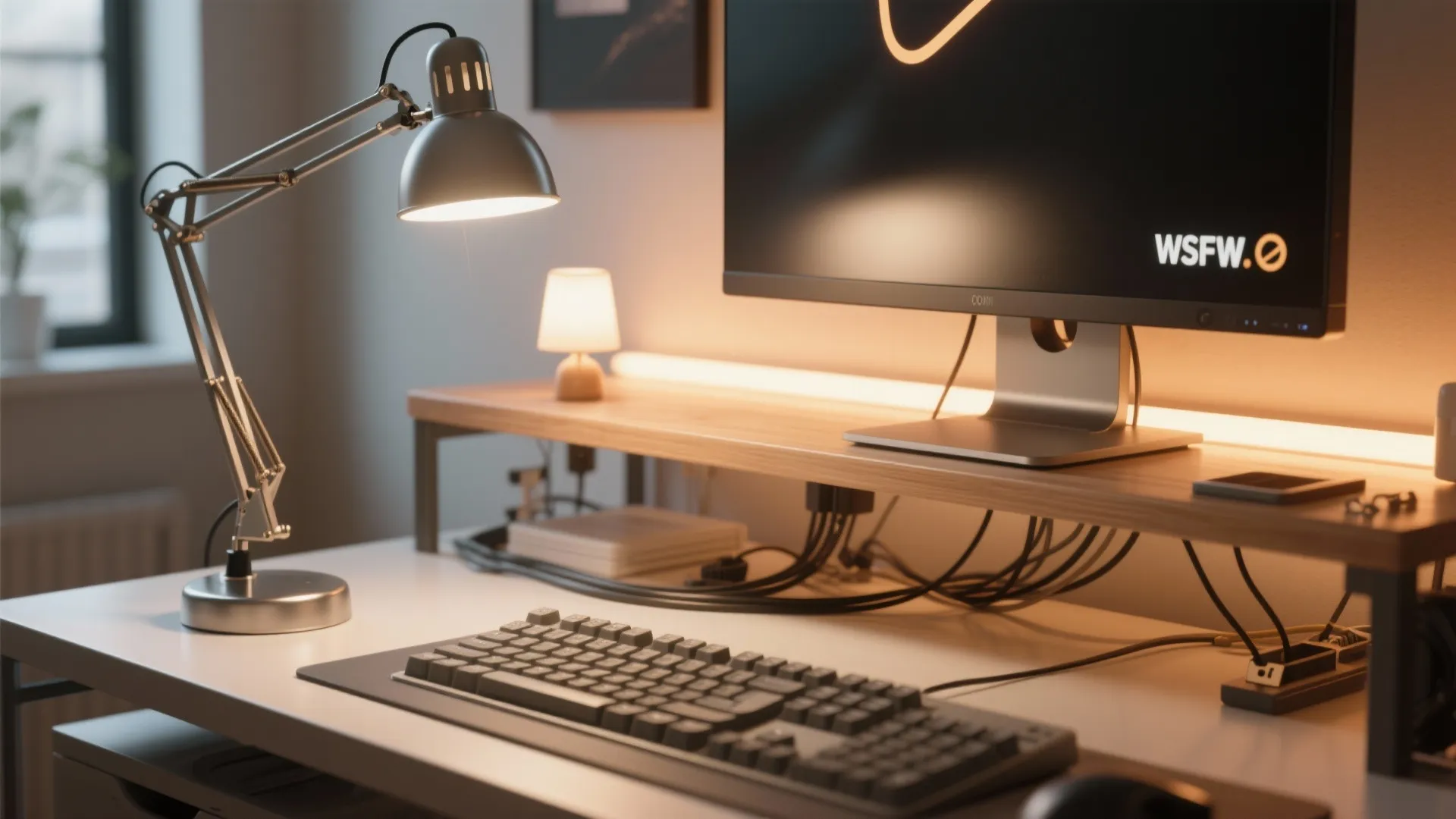Desk setup with computer monitor silver light fixture keyboard and warm ambient light strip background