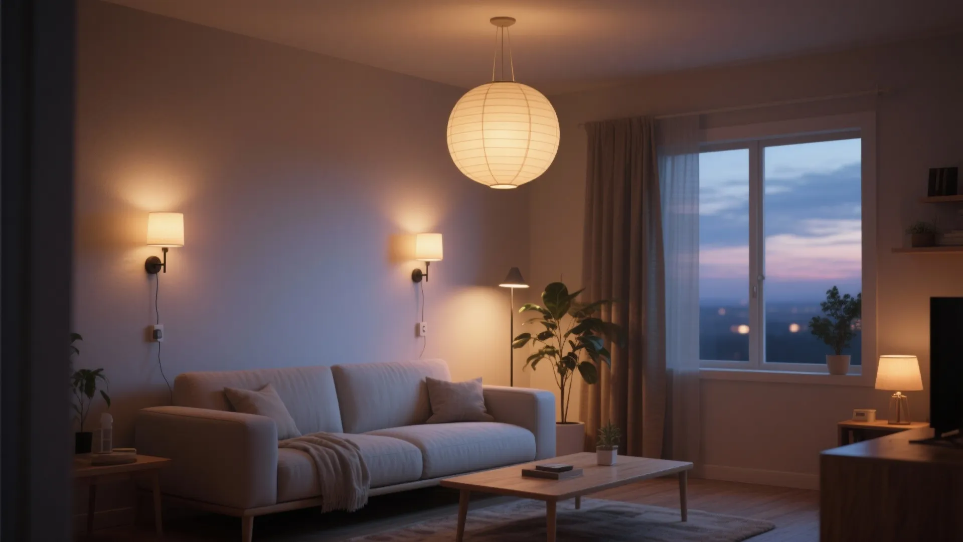 Modern living room with grey sofa wooden coffee table round ceiling light and warm wall lights