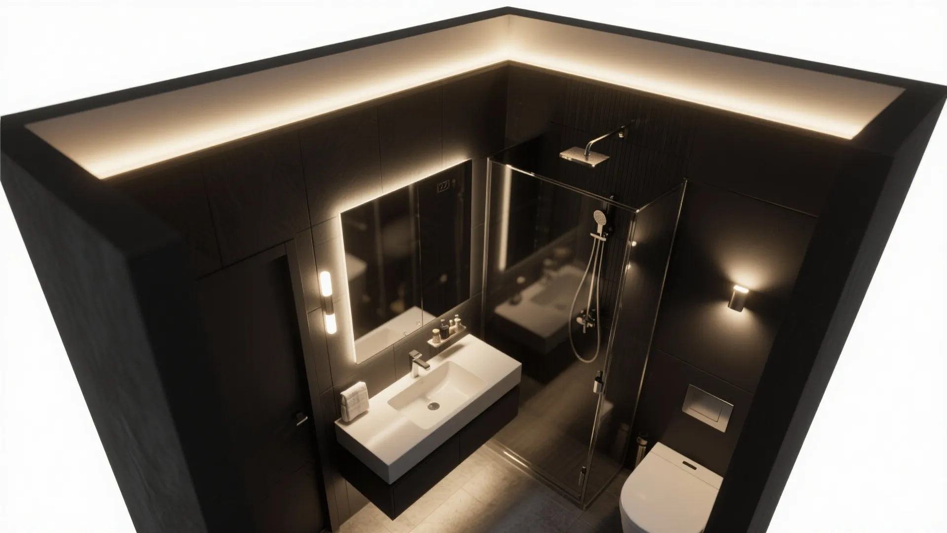 Modern dark bathroom design with wall light fixtures vanity sink shower area and toilet layout