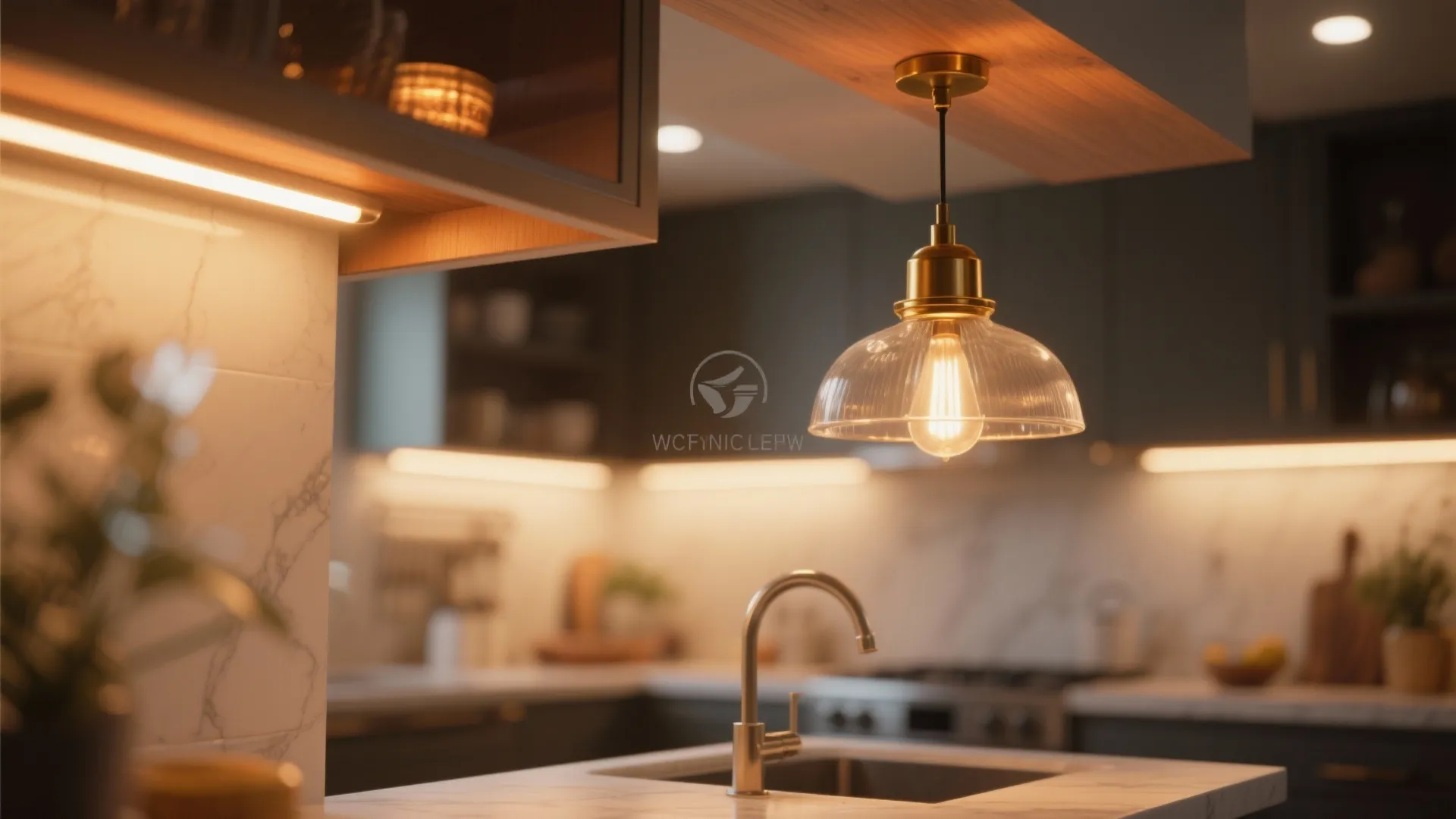 Kitchen counter with glass ceiling light fixture over a sink and warm under cabinet lighting