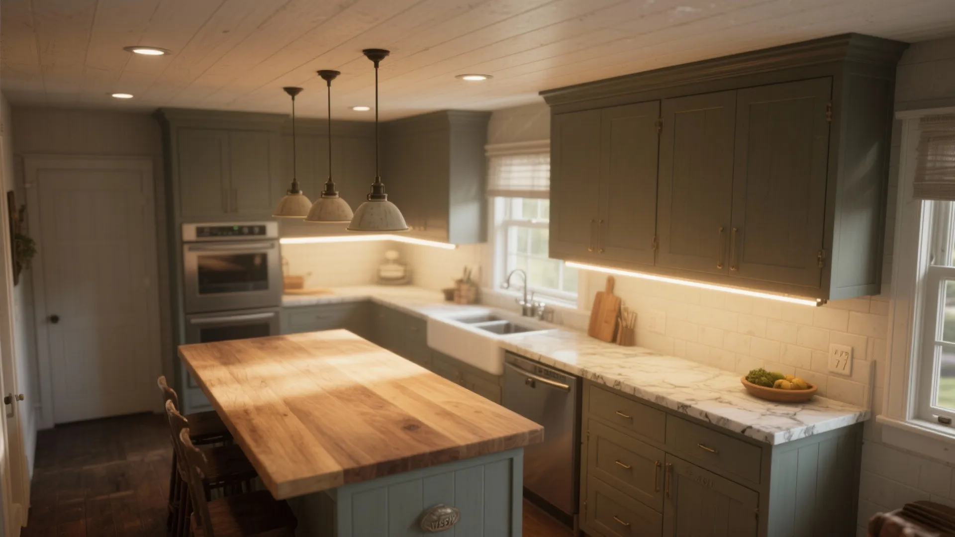 Green kitchen design with wood island top pendant lights cabinet lights and white tiled walls