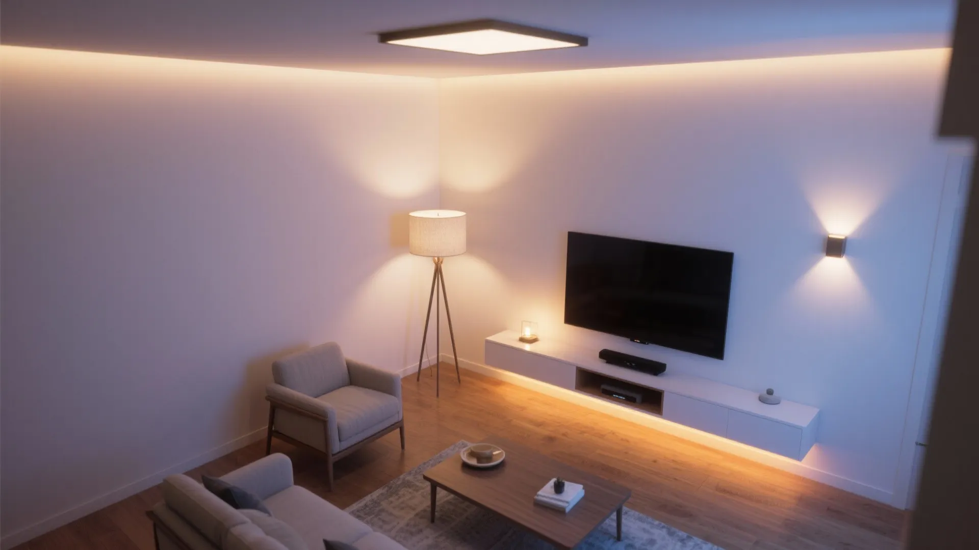 Modern living room featuring warm ceiling light, floor lamp, wall light, television, and grey armchair