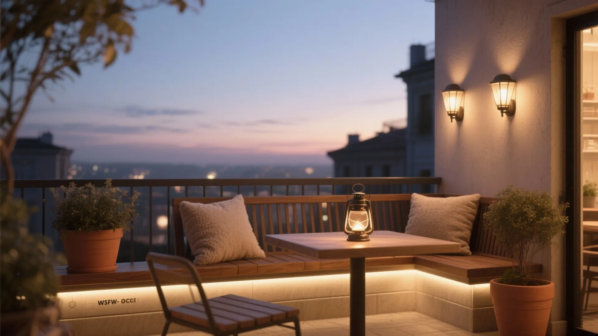 Cozy balcony at night with wooden bench seating, warm wall lights, lantern, and city view