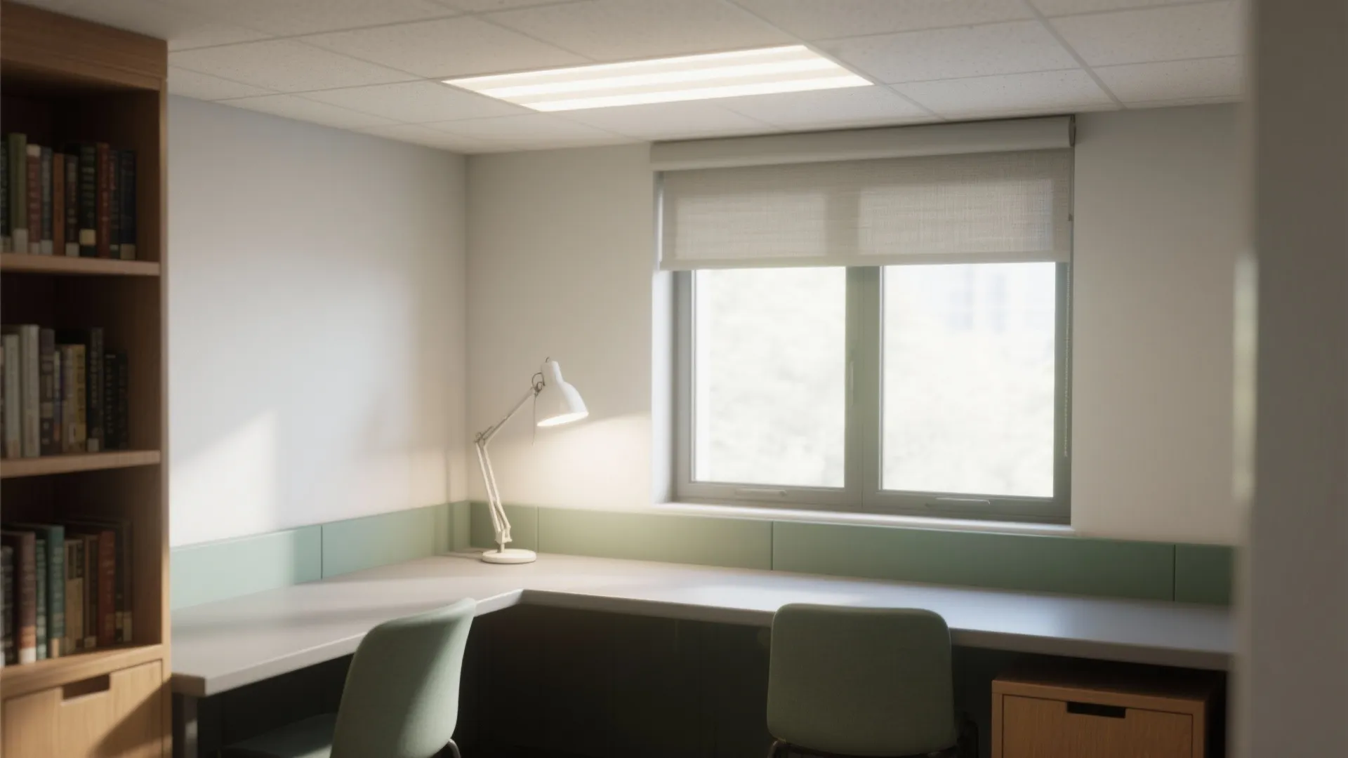 Small study room with daylight, dimmable ambient lighting, a task lamp, and a matte desktop for reduced glare.