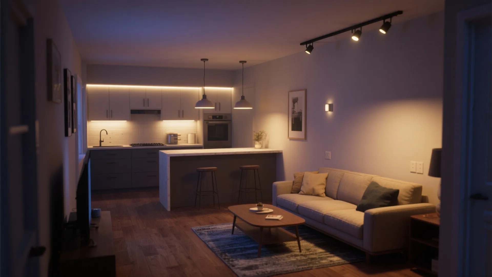 Modern apartment at night with warm ceiling lights wall lights and track lighting over sofa