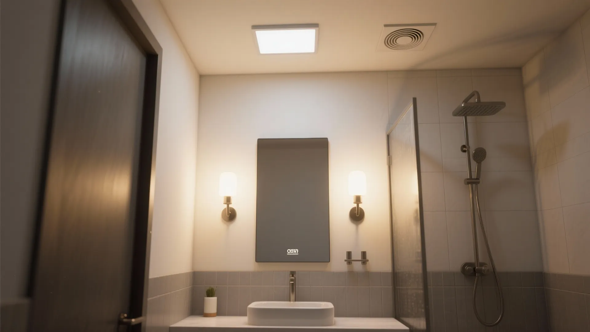 Bathroom interior design with ceiling light wall lights mirror sink and shower area with tiles