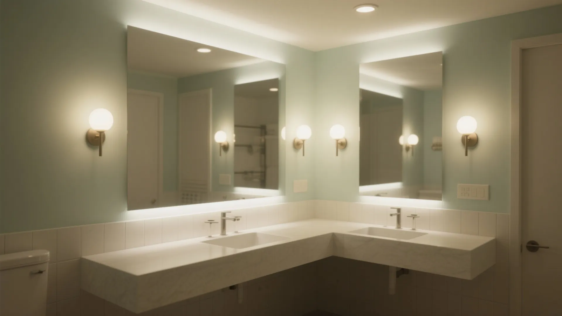 Modern bathroom with double mirrors light green walls white counters round wall lights and toilet