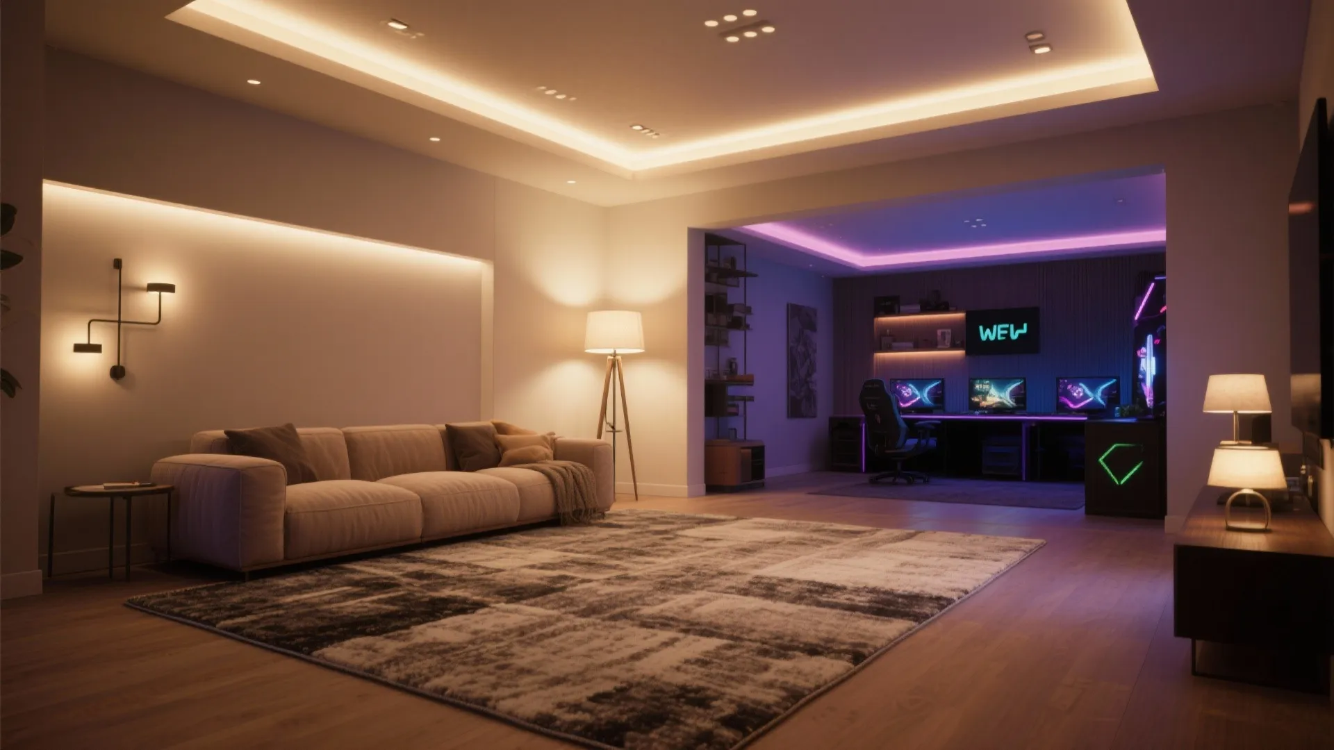 4. Layer lighting and use rugs to define zones