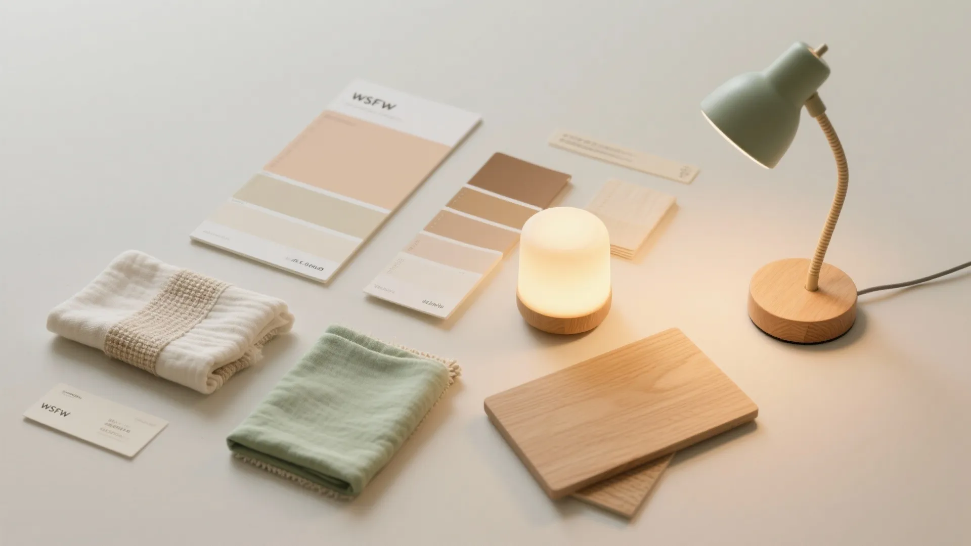 Interior design mood board with color swatches fabric samples wooden blocks and small desk light fixture