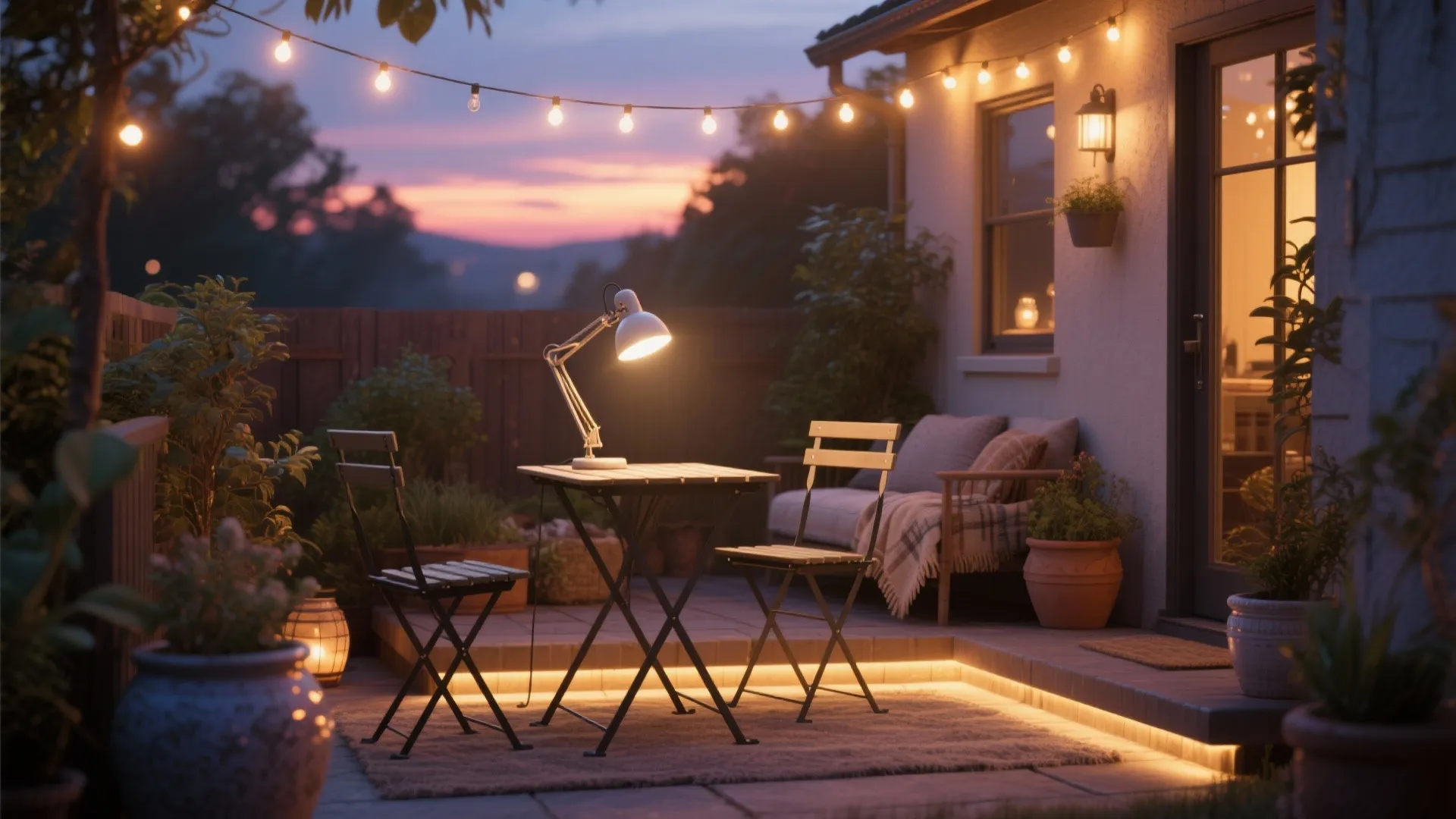 Cozy outdoor patio at sunset with string lights table lamp and comfortable sofa for relaxation