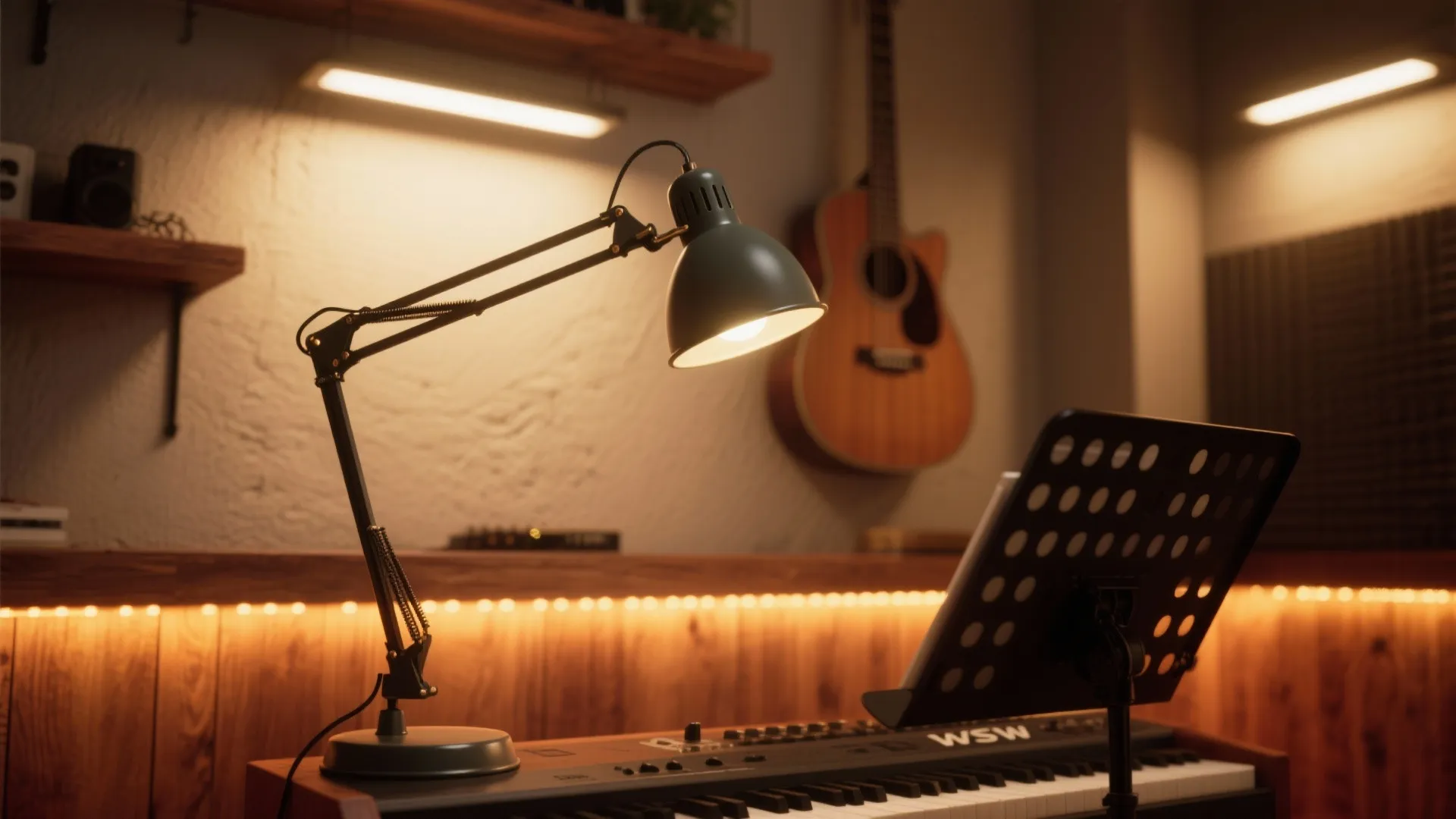 Desk lamp shining on a keyboard with a guitar hanging on wall in music room