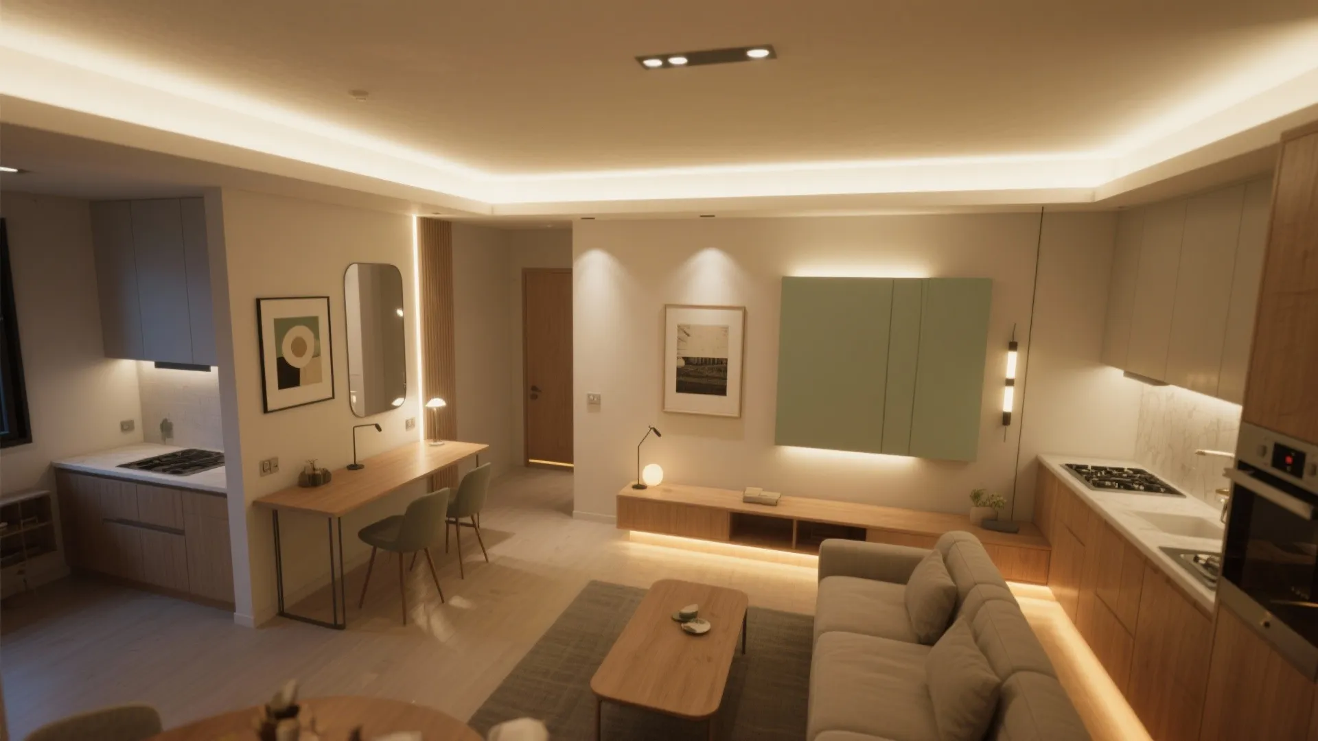 Layered lighting and balanced color to expand the sense of space