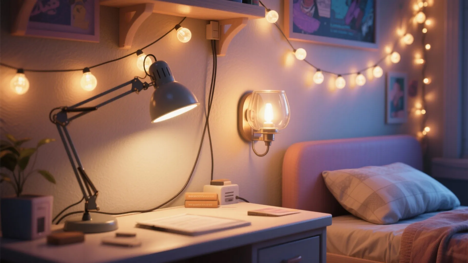 Cozy bedroom lighting with string lights, a table lamp, and a wall light near bed