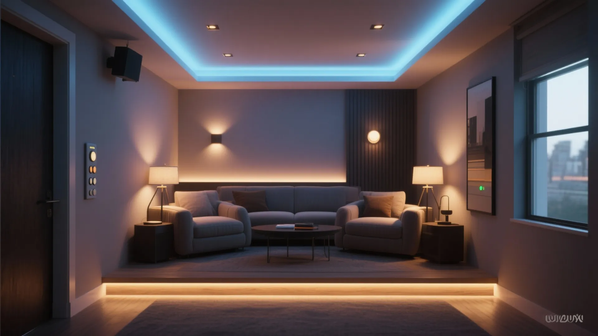 Living room featuring layered lighting with blue ceiling lights wall lights and warm floor lamps