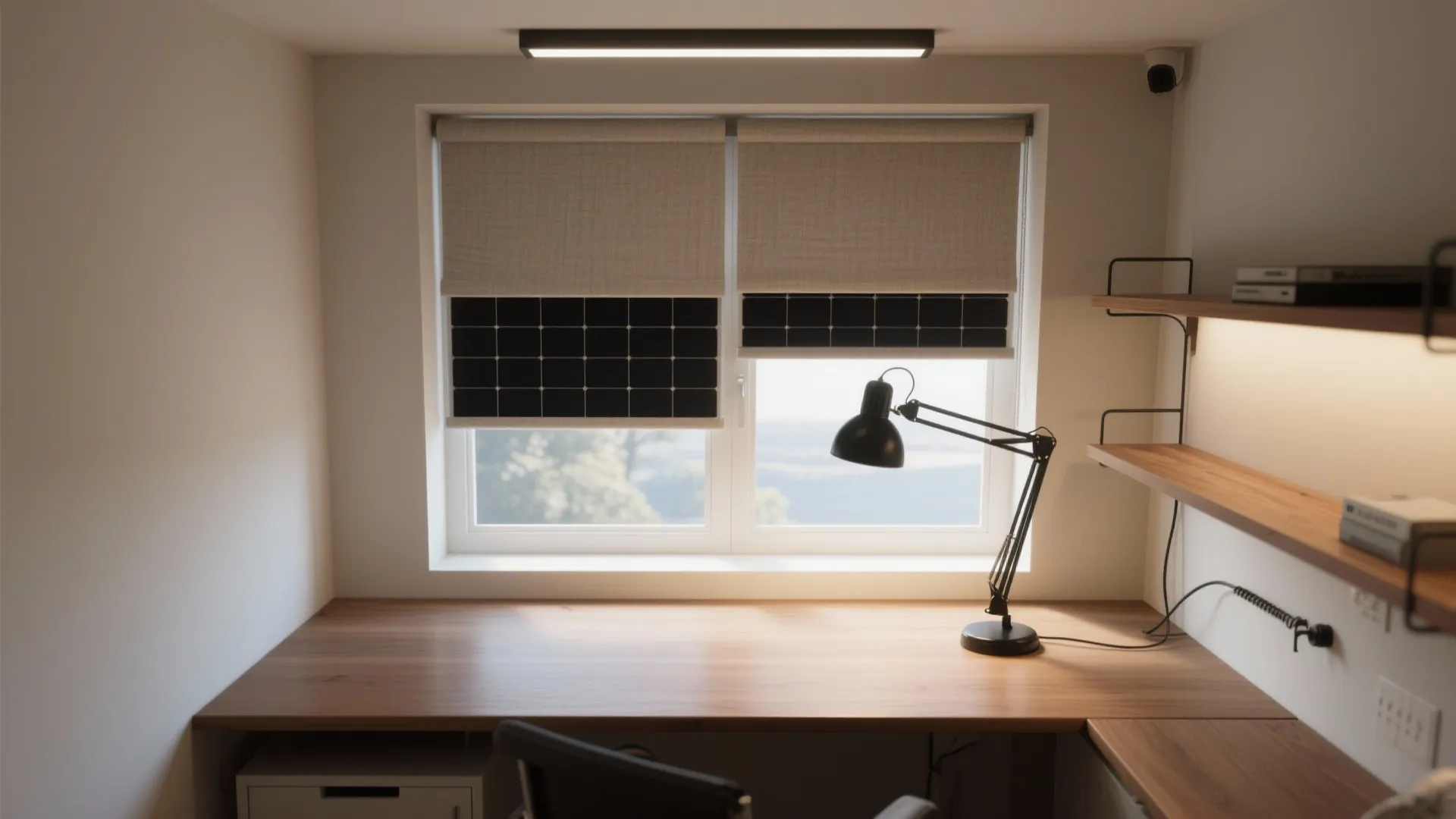 Wooden desk under window with roller blinds featuring black desk lamp ceiling light and shelves