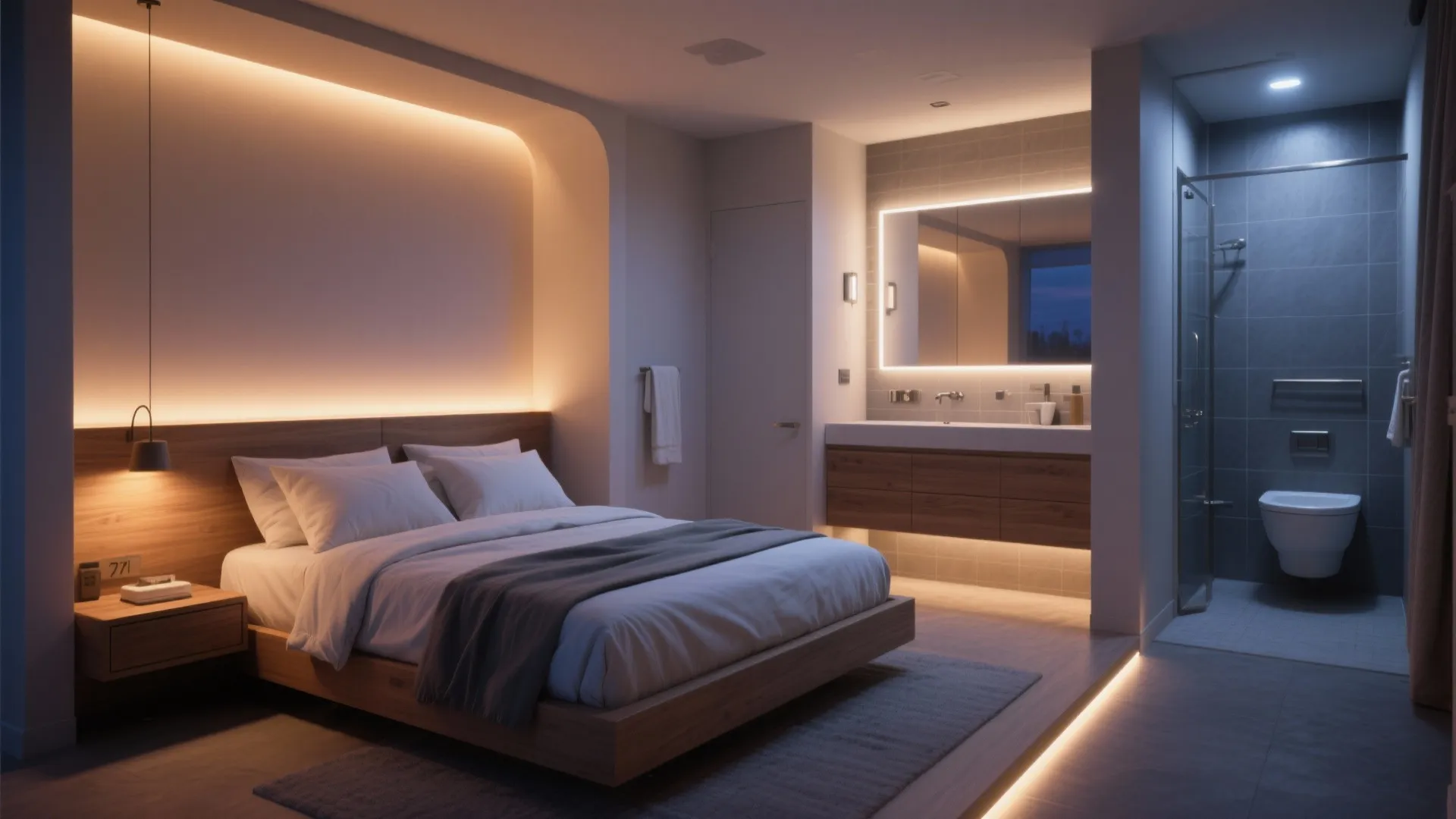 Warm 2700K bedroom lighting with a motion toe-kick and brighter 3000K vanity lighting in the ensuite