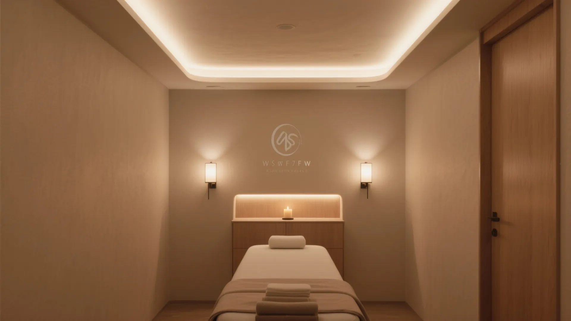 Modern massage room featuring a massage bed warm wall lights hidden ceiling lighting and cabinet