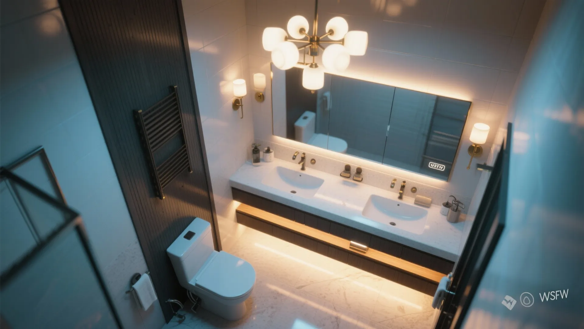 Modern bathroom with double sink vanity large mirror ceiling light wall lights and white toilet