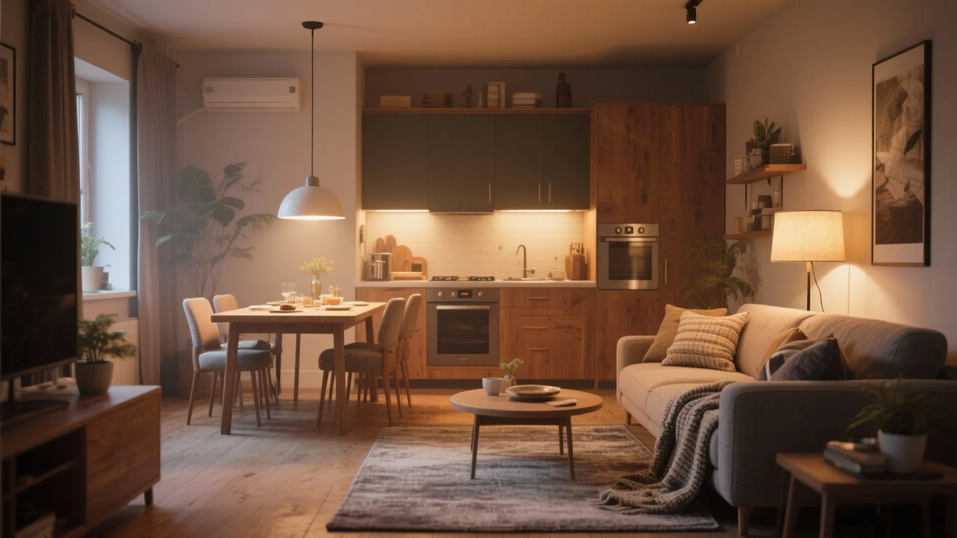 Cozy studio apartment showing a kitchen dining table grey sofa and warm light fixture glow