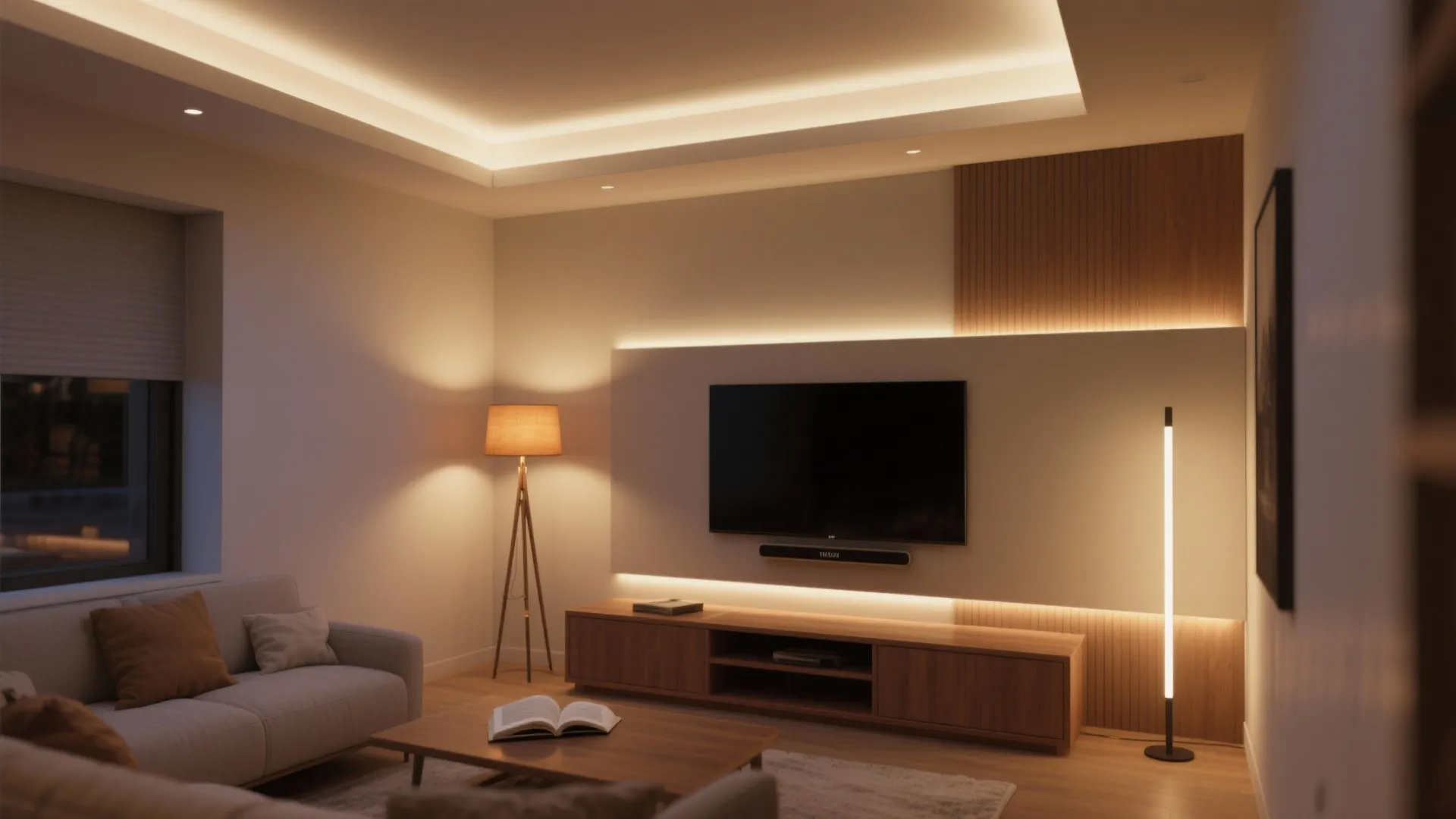 Small TV room showing dimmable overheads, LED bias lighting behind the TV, and a floor lamp creating layered atmosphere.