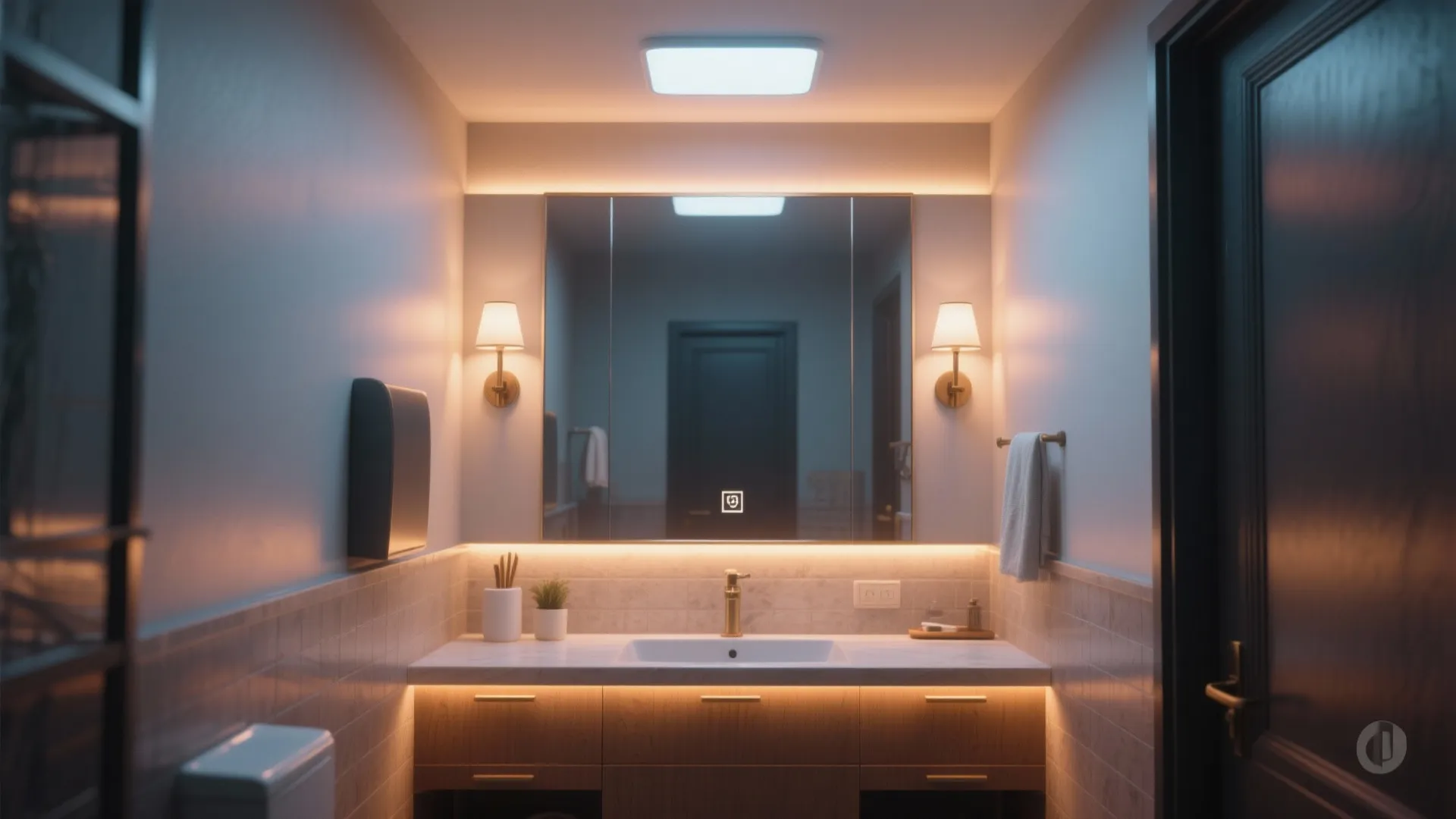Modern bathroom with wood cabinet white sink large mirror wall lights and warm recessed ceiling light