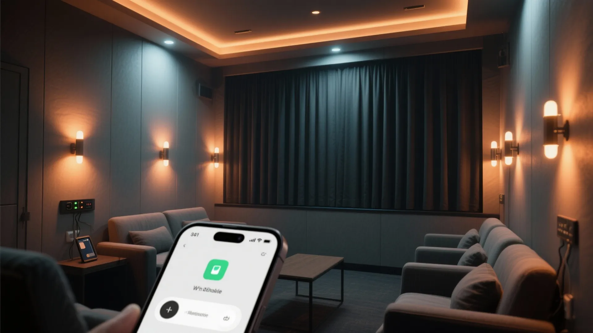 Smartphone app controlling smart lighting in home theater with sofas coffee table and warm lights