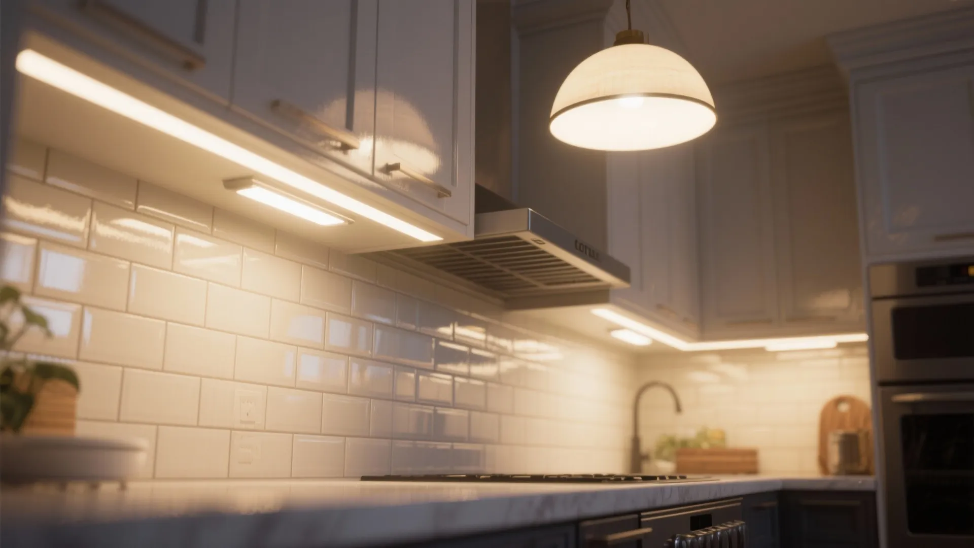 Modern kitchen with white cabinets featuring warm under cabinet lights and a round ceiling light