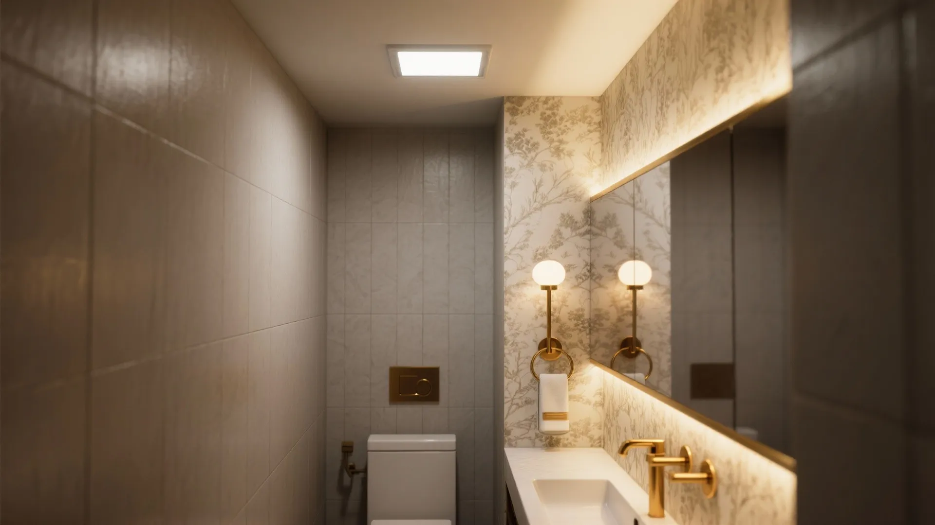 Small powder room with floral wall paper wall light ceiling light and gold faucet on sink