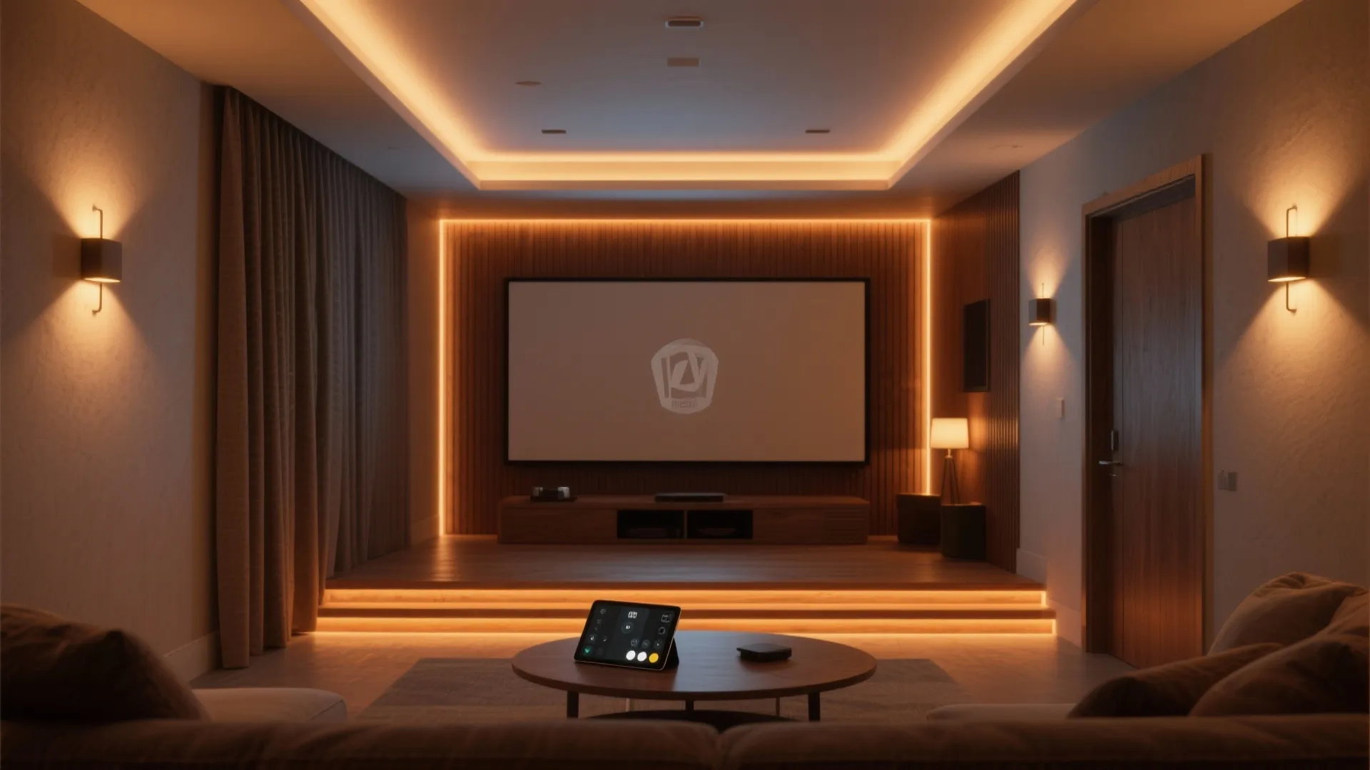 Home theater room with warm hidden light strips on ceiling wall panels and wall lights
