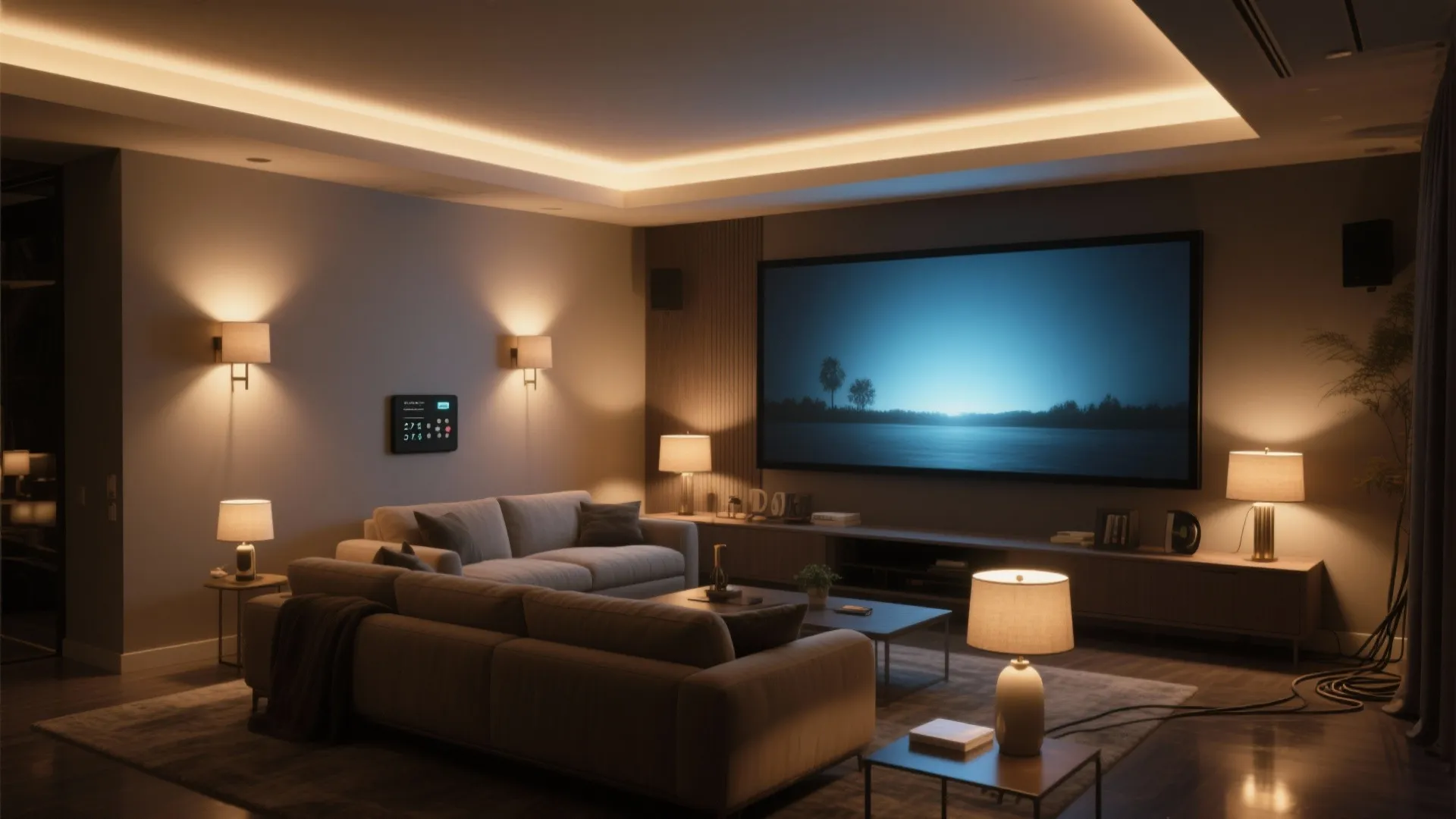 Modern living room with grey sofa warm ceiling light wall light table lamps and movie screen