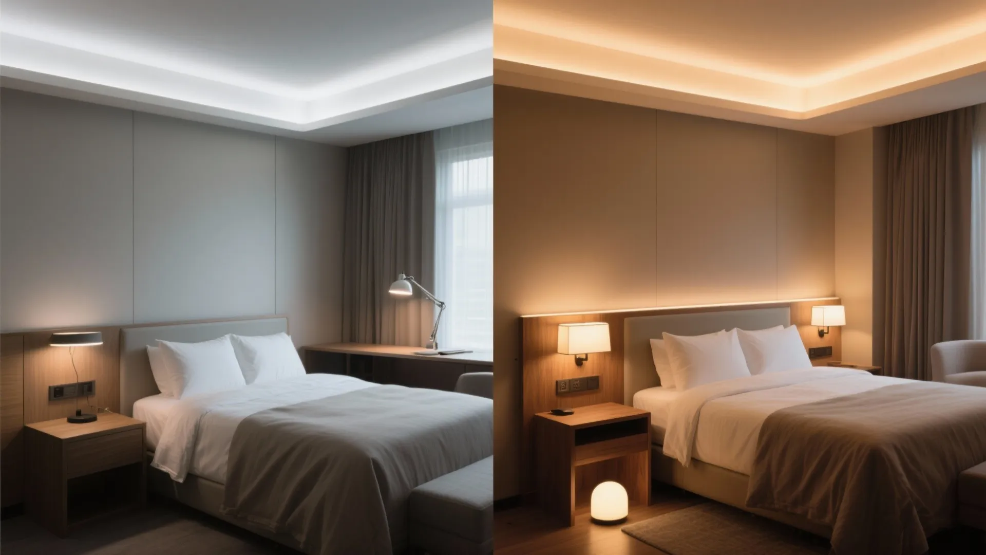 Side by side comparison showing a bedroom with cool white lighting versus warm yellow lighting