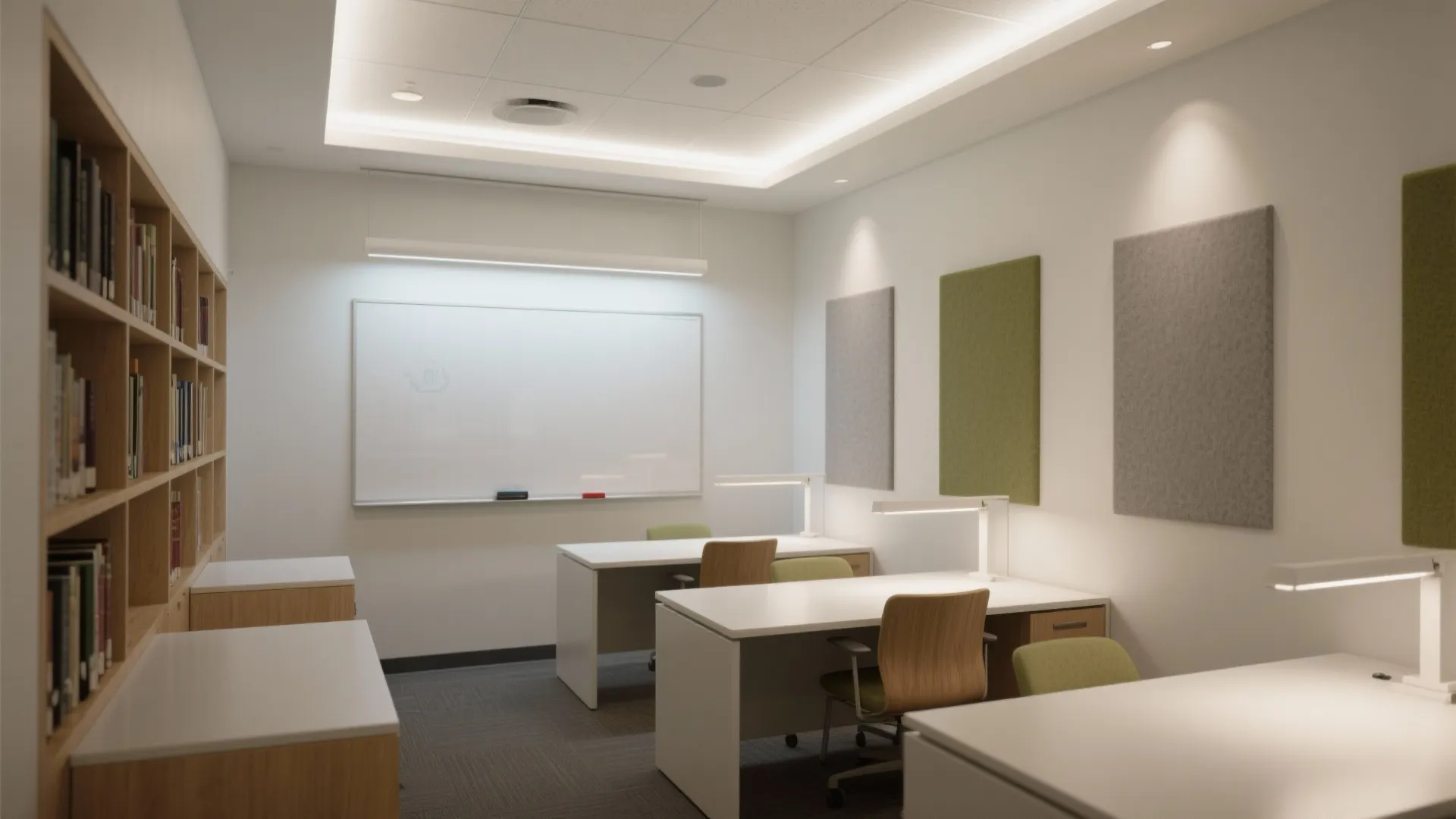 Modern office interior with white desks wooden chairs bookshelves whiteboard wall panels and bright lighting