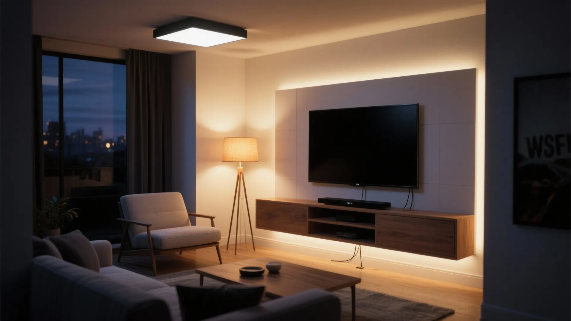 Modern living room with backlighting behind television floor lamp ceiling light and wooden coffee table